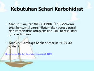 Kebutuhan Sehari Karbohidrat
• Menurut anjuran WHO (1990)  55-75% dari
total konsumsi energi diutamakan yang berasal
dari karbohidrat kompleks dan 10% berasal dari
gula sederhana.
• Menurut Lembaga Kanker Amerika  20-30
gr/hari.
(Departemen Gizi dan Kesehatan Masyarakat; 2010)
 