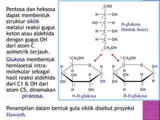 Pentosa dan heksosa
dapat membentuk
struktur siklik
melalui reaksi gugus
keton atau aldehida
dengan gugus OH
dari atom C
asimetrik terjauh.
Glukosa membentuk
hemiasetal intra-
molekular sebagai
hasil reaksi aldehida
dari C1 & OH dari
atom C5, dinamakan
cincin piranosa.
Penampilan dalam bentuk gula siklik disebut proyeksi
Haworth.
H O
OH
H
OHH
OH
CH2OH
H
OH
H H O
OH
H
OHH
OH
CH2OH
H
H
OH
a-D-glukosa b-D-glukosa
23
4
5
6
1 1
6
5
4
3 2
H
C HO
C OH
C HHO
C OHH
C OHH
C H2OH
1
5
2
3
4
6
D-glukosa
(bentuk linier)
 