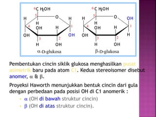 Pembentukan cincin siklik glukosa menghasilkan pusat
asimetrik baru pada atom C1. Kedua stereoisomer disebut
anomer, a & b.
Proyeksi Haworth menunjukkan bentuk cincin dari gula
dengan perbedaan pada posisi OH di C1 anomerik :
 a (OH di bawah struktur cincin)
 b (OH di atas struktur cincin).
H O
OH
H
OHH
OH
C H2OH
H
a-D-glukosa
OH
H H O
OH
H
OHH
OH
C H2OH
H
H
OH
b-D-glukosa
23
4
5
6
1 1
6
5
4
3 2
 