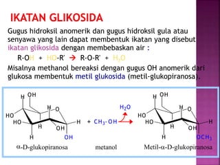Gugus hidroksil anomerik dan gugus hidroksil gula atau
senyawa yang lain dapat membentuk ikatan yang disebut
ikatan glikosida dengan membebaskan air :
R-OH + HO-R'  R-O-R' + H2O
Misalnya methanol bereaksi dengan gugus OH anomerik dari
glukosa membentuk metil glukosida (metil-glukopiranosa).
O
H
HO
H
HO
H
OH
OHH
H
OH
a-D-glukopiranosa
O
H
HO
H
HO
H
OCH3
OHH
H
OH
Metil-a-D-glukopiranosa
CH3- O H+
metanol
H2O
 