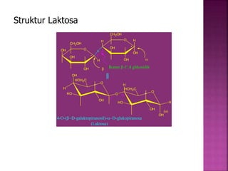 OH O o
OH
OH
CH2OH
*
H O H
OH
OH
OH
CH2OH
*
1'
4
b
a
Ikatan b-1',4 glikosidik
4-O-(bD-galaktopiranosil)-aD-glukopiranosa
(Laktosa)
H
H
O
HO
OH
HOH2C
O
O
HO
OH
OH
HOH2C
H
1'
4
(a
OH
H
Struktur Laktosa
 