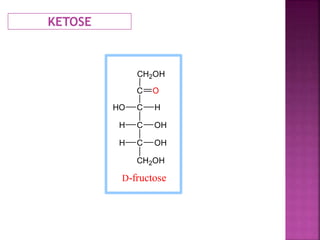 KETOSE
C HHO
C OHH
C OHH
CH2OH
CH2OH
C O
D-fructose
 