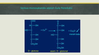 HC
CHO
OH
CHO
C OH
C OH
CH2OH
+ Cu2+
C
O
OH
C OH
CHO
C OH
C OH
CH2OH
+ Cu2O
merah bata
D - glukosa asam- D - glukonat
Semua monosakarida adalah Gula Pereduksi
 