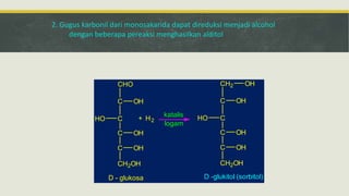 2. Gugus karbonil dari monosakarida dapat direduksi menjadi alcohol
dengan beberapa pereaksi menghasilkan alditol
C
CHO
OH
C
C OH
C OH
CH2OH
D - glukosa
HO
katalis
logam
C
CH2
OH
C
C OH
C OH
CH2OH
D -glukitol (sorbitol)
HO
OH
+ H2
 
