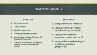 SIFAT FISIK DAN KIMIA
SIFAT FISIK
1. Berbentuk Kristal
2. Larut dalam air
3. Memiliki rasa manis
4. Mempunyai sifat mutarotasi
5. Memberikan hasil positif pada Uji
Seliwanoff (Sukrosa)
6. Sebagian memberikan hasil positif
pada uji pereaksi benedict dan
fehling
SIFAT KIMIA
1. Mengalami reaksi hidrolisis
2. Sebagian ersifat pereduksi
contoh maltosa,laktosa,dll
3. Sebagian bersifat non-
pereduksi contoh sukrosa,dll
4. Sebagian besar terikat dengan
protein membentuk
glikoprotein
 