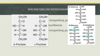 MACAM-MACAM MONOSAKARIDA
A. Aldosa : Monosakarida yang mengandung gugus aldehid
Contoh : Glukosa, Galaktosa,Manosa
B. Ketosa : Monosakarida yang mengandung gugus keton
Contoh : Fruktosa
 