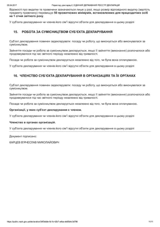 05.04.2017 Перегляд декларації | ЄДИНИЙ ДЕРЖАВНИЙ РЕЄСТР ДЕКЛАРАЦІЙ
https://public.nazk.gov.ua/declaration/34f3ddde­8c1b­42b7­a4ba­eb65b4c3d796 11/11
Відомості про видатки та правочини зазначаються лише у разі, якщо розмір відповідного видатку (вартість
предмету правочину) перевищує 50 прожиткових мінімумів, встановленних для працездатних осіб
на 1 січня звітного року.
У суб'єкта декларування чи членів його сім'ї відсутні об'єкти для декларування в цьому розділі
15.    РОБОТА ЗА СУМІСНИЦТВОМ СУБ’ЄКТА ДЕКЛАРУВАННЯ
Суб’єкт декларування повинен задекларувати: посаду чи роботу, що виконується або виконувалася за
сумісництвом.
Зайняття посади чи робота за сумісництвом декларується, якщо її зайняття (виконання) розпочалося або
продовжувалося під час звітного періоду незалежно від тривалості.
Посада чи робота за сумісництвом декларується незалежно від того, чи була вона оплачуваною.
У суб'єкта декларування чи членів його сім'ї відсутні об'єкти для декларування в цьому розділі
16.  ЧЛЕНСТВО СУБ’ЄКТА ДЕКЛАРУВАННЯ В ОРГАНІЗАЦІЯХ ТА ЇХ ОРГАНАХ
Суб’єкт декларування повинен задекларувати: посаду чи роботу, що виконується або виконувалася за
сумісництвом.
Зайняття посади чи робота за сумісництвом декларується, якщо її зайняття (виконання) розпочалося або
продовжувалося під час звітного періоду незалежно від тривалості.
Посада чи робота за сумісництвом декларується незалежно від того, чи була вона оплачуваною.
Організації, у яких суб'єкт декларування є членом.
У суб'єкта декларування чи членів його сім'ї відсутні об'єкти для декларування в цьому розділі
 
Членство в органах організацій.
У суб'єкта декларування чи членів його сім'ї відсутні об'єкти для декларування в цьому розділі
Документ підписано:
КАРЦЕВ В'ЯЧЕСЛАВ МИКОЛАЙОВИЧ
 