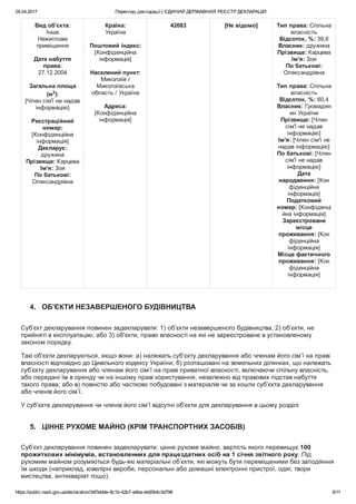 05.04.2017 Перегляд декларації | ЄДИНИЙ ДЕРЖАВНИЙ РЕЄСТР ДЕКЛАРАЦІЙ
https://public.nazk.gov.ua/declaration/34f3ddde­8c1b­42b7­a4ba­eb65b4c3d796 6/11
Вид об'єкта:
Інше
Нежитлове
приміщення
 
Дата набуття
права:
27.12.2004
 
Загальна площа
(м2
):
[Член сім'ї не надав
інформацію]
 
Реєстраційний
номер:
[Конфіденційна
інформація]
Декларує:
дружина
Прізвище: Карцева
Ім'я: Зоя
По батькові:
Олександрівна
Країна:
Україна
 
Поштовий індекс:
[Конфіденційна
інформація]
 
Населений пункт:
Миколаїв /
Миколаївська
область / Україна
 
Адреса:
[Конфіденційна
інформація]
42083 [Не відомо] Тип права: Спільна
власність
Відсоток, %: 39,6
Власник: дружина
Прізвище: Карцева
Ім'я: Зоя
По батькові:
Олександрівна
 
Тип права: Спільна
власність
Відсоток, %: 60,4
Власник: Громадян
ин України
Прізвище: [Член
сім'ї не надав
інформацію]
Ім'я: [Член сім'ї не
надав інформацію]
По батькові: [Член
сім'ї не надав
інформацію]
Дата
народження: [Кон
фіденційна
інформація]
Податковий
номер: [Конфіденці
йна інформація]
Зареєстроване
місце
проживання: [Кон
фіденційна
інформація]
Місце фактичного
проживання: [Кон
фіденційна
інформація]
 
4.   ОБ'ЄКТИ НЕЗАВЕРШЕНОГО БУДІВНИЦТВА
Суб’єкт декларування повинен задекларувати: 1) об’єкти незавершеного будівництва; 2) об’єкти, не
прийняті в експлуатацію; або 3) об'єкти, право власності на які не зареєстроване в установленому
законом порядку.
Такі об'єкти декларуються, якщо вони: а) належать суб’єкту декларування або членам його сім’ї на праві
власності відповідно до Цивільного кодексу України; б) розташовані на земельних ділянках, що належать
суб’єкту декларування або членам його сім’ї на праві приватної власності, включаючи спільну власність,
або передані їм в оренду чи на іншому праві користування, незалежно від правових підстав набуття
такого права; або в) повністю або частково побудовані з матеріалів чи за кошти суб’єкта декларування
або членів його сім’ї.
У суб'єкта декларування чи членів його сім'ї відсутні об'єкти для декларування в цьому розділі
5.   ЦІННЕ РУХОМЕ МАЙНО (КРІМ ТРАНСПОРТНИХ ЗАСОБІВ)
Суб’єкт декларування повинен задекларувати: цінне рухоме майно, вартість якого перевищує 100
прожиткових мінімумів, встановленних для працездатних осіб на 1 січня звітного року. Під
рухомим майном розуміються будь­які матеріальні об’єкти, які можуть бути переміщеними без заподіяння
їм шкоди (наприклад, ювелірні вироби, персональні або домашні електронні пристрої, одяг, твори
мистецтва, антикваріат тощо).
 