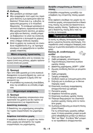 – 8 
 Κίνδυνος 
 Μην ψεκάζετε με καύσιμα υγρά. 
 Μην αναρροφάτε ποτέ υγρά που περιέ- 
χουν διαλύτες ή μη αραιωμένα οξέα και 
διαλύτες! Τέτοια είναι π.χ. η βενζίνη, τα 
αραιωτικά χρώματος ή το πετρέλαιο 
θέρμανσης. Το εκνέφωμα ψεκασμού εί- 
ναι πολύ εύφλεκτο, εκρηκτικό και τοξικό. 
Μην χρησιμοποιείτε ακετόνη, μη αραιω- 
μένα οξέα και διαλύτες, επειδή μπορεί 
να διαβρώσουν τα υλικά της συσκευής. 
 Απαγορεύεται η λειτουργία σε χώρους 
όπου υπάρχει κίνδυνος έκρηξης. 
 Κατά τη χρήση της συσκευής σε επικίν- 
δυνα περιβάλλοντα (π.χ. σε πρατήρια 
καυσίμων) να εφαρμόζονται οι προδια- 
γραφές ασφαλείας. 
Για να προστατευθείτε από τις πιτσιλιές του 
νερού ή από τους ρύπους, φοράτε προστα- 
τευτική στολή και γυαλιά. 
 Προσοχή 
Πριν από κάθε εργασία με ή στη συσκευή 
διασφαλίστε τη σωστή έδρασή της, ώστε να 
αποφύγετε ατυχήματα ή ζημιές από την 
ανατροπή της. 
 Η ευστάθεια της συσκευής είναι βέβαιη, 
όταν την αποθέτετε σε επίπεδη επιφά- 
νεια. 
 Προσοχή 
Οι διατάξεις ασφαλείας αποσκοπούν στην 
προστασία του χρήστη και δεν πρέπει να 
τροποποιούνται ή να παραλείπονται. 
Ο διακόπτης του μηχανήματος αποτρέπει 
την τυχαία ενεργοποίηση του μηχανήμα- 
τος. 
Η ασφάλεια κλειδώνει το μοχλό του πιστο- 
λέτου χειρός και αποτρέπει την τυχαία 
ενεργοποίηση του μηχανήματος. 
Η βαλβίδα υπερχείλισης εμποδίζει την 
υπέρβαση της επιτρεπτής πίεσης εργασί- 
ας. 
Όταν αφήσετε ελεύθερο τον μοχλό του πι- 
στολέτου χειρός, απενεργοποιείται ο διακό- 
πτης πίεσης της αντλία και διακόπτεται η 
δέσμη υψηλής πίεσης. Τραβώντας τον μο- 
χλό ο διακόπτης πίεσης θέτει πάλι την 
αντλία σε λειτουργία. 
Σε αυτές τις οδηγίες λειτουργίας περιγρά- 
φεται ο μέγιστος δυνατός εξοπλισμός. Στο 
παραδοτέο υλικό υπάρχουν διαφορές ανά- 
λογα με το μοντέλο (ανατρέξτε στη συσκευ- 
ασία). 
Εικόνες, βλ. αναδιπλούμενη 
σελίδα! 
1 Θήκη για εξαρτήματα 
2 Λαβή μεταφοράς, αποσπώμενο 
3 Ταχυσύνδεσμος ελαστικού σωλήνα 
υψηλής πίεσης 
4 Διακόπτης μηχανήματος „0/OFF“ / „I/ON“ 
5 Αγωγός σύνδεσης δικτύου με ρευματο- 
λήπτη 
6 Λαβή μεταφοράς 
7 Τροχός μεταφοράς 
8 Σύνδεση νερού με ενσωματωμένη σίτα 
9 Σύζευξη για τη σύνδεση με το δίκτυιο 
παροχής νερού 
10 Ελαστικός σωλήνας αναρρόφησης 
απορρυπαντικού (με φίλτρο) 
11 Πιστολέτο χειρός 
12 Ασφάλεια πιστολέτου χειρός 
13 Ελαστικός σωλήνας υψηλής πίεσης 
14 Πλήκτρο διαχωρισμού του ελαστικού 
σωλήνα υψηλής πίεσης από το πιστο- 
λέτο χειρός 
15 Σωλήνας εκτόξευσης με ελεγκτή πίεσης 
(Vario Power) 
Για τις απλούστερες εργασίες καθαρι- 
σμού. Η πίεση εργασίας μπορεί να ρυθ- 
μιστεί αδιαβάθμητα μεταξύ των θέσεων 
Min και Max. Στη θέση Mix μπορεί- 
τε να προσθέσετε απορρυπαντικό. 
Λοιποί κίνδυνοι 
Μέσα ατομικής προστασίας 
Ευστάθεια 
Μηχανισμοί ασφάλειας 
Διακόπτης συσκευής 
Ασφάλεια πιστολέτου χειρός 
Βαλβίδα υπερχείλισης με διακόπτη 
πίεσης 
Περιγραφή συσκευής 
EL 109 
 