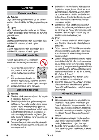 – 6 
 Tehlike 
Ağır bedensel yaralanmalar ya da ölüme 
neden olan direkt bir tehlikeye yönelik uya-rı 
. 
Uyarı 
Ağır bedensel yaralanmalar ya da ölüme 
neden olabilecek olası tehlikeli bir duruma 
yönelik uyarı. 
 Dikkat 
Hafif yaralanmalara neden olabilecek olası 
tehlikeli bir duruma yönelik uyarı. 
Dikkat 
Maddi hasarlara neden olabilecek olası 
tehlikeli bir duruma yönelik uyarı. 
Cihaz, açık içme suyu şebekeleri-ne 
direkt olarak bağlanmamalıdır. 
1 Hasar görme tehlikesi! Ci-haz, 
sadece yatar pozis-yonda 
(yatay) çalıştırılmalı-dır. 
2 Yüksek basınçlı tazyiki in-sanlara, 
hayvanlara, elektrikli aletlere 
ve makinenin kendisine doğru tutmayın. 
3 Cihazı donmaya karşı koruyun. 
 Tehlike 
 Elleriniz ıslak veya nemliyken fişi ve pri-zi 
kesinlikle tutmayın. 
 Elektrik fişiyle birlikte şebeke bağlantı 
kablosuna her kullanımdan önce hasar 
kontrol yapın. Hasar görmüş şebeke 
bağlantı kablosunun derhal yetkili müş-teri 
hizmetleri/elektronik teknisyeni ta-rafından 
değiştirilmesini sağlayın. Şe-beke 
bağlantı kablosu zarar görmüş bir 
cihazı çalıştırmayın. 
 Çalışma bölgesindeki akımla yönlendi-rilen 
tüm parçalar tazyikli suya karşı ko-runmuş 
olmalıdır. 
 Elektrik fişi ve bir uzatma kablosunun 
bağlantısı su geçirmez olmalı ve suda 
durmamalıdır. Kavrama, zemin üzerin-de 
durmamalıdır. Kablo tamburlarının 
kullanılması önerilir; bu tamburlar, priz-lerin 
zeminin en az 60 mm üzerinde 
durmasını sağlar. 
 Elektrik fişi veya uzatma kablosunun 
ezilme, hırpalanma ya da benzer şekil-de 
zarar ya da hasar görmemesine dik-kat 
edin. Elektrik fişini ısıdan, yağ ve 
keskin kenarlardan koruyun. 
 Uyarı 
 Cihazı sadece alternatif akıma bağla-yın. 
Gerilim, cihazın tip plaketiyle aynı 
olmalıdır. 
 Cihaz, sadece IEC 60364 uyarınca bir 
elektrik montörü tarafından yapılması 
zorunlu olan bir elektrik bağlantısına 
bağlanmalıdır. 
 Uygun olmayan elektrikli uzatma kablo-ları 
tehlikeli olabilir. Serbest zamanlar-da, 
sadece bunun için müsaade edilmiş 
ve buna göre işaretlenmiş yeterli düzey-de 
kablo kesitine sahip elektrikli uzatma 
kablolarını kullanın. 1 - 10 m: 1,5 mm2; 
10 - 30 m: 2,5 mm2 
 Uzatma kablosunu her zaman tama-men 
kablo tamburundan açın. 
 Güvenlik nedenleriyle, cihazın prensip 
olarak bir hatalı akım koruma şalteri 
(maks 30 mA) üzerinden çalıştırılmasını 
öneriyoruz. 
 Tehlike 
 Yüksek basınç hortumu, el püskürme 
tabancası ve güvenlik tertibatları gibi 
önemli bileşenleri her çalışmadan önce 
hasar açısından kontrol edin. Hasarlı bi-leşenleri 
zaman kaybetmeden değişti-rin. 
Cihazı hasarlı bileşenlerle çalıştır-mayın. 
 Yüksek basınçlı tazyiki başka yerlere 
veya elbise veya ayakkabıyı temizle-mek 
için kendinize doğru tutmayın. 
 Sağlığa zarar verebilecek maddeler 
(örn. asbest) içeren nesnelere püskürt-meyin. 
Güvenlik 
Uyarıların anlamı 
Cihazdaki semboller 
Elektrikli bileşenler 
Güvenli kullanım 
118 TR 
 