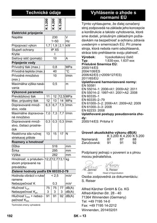Týmto vyhlasujeme, že ďalej označený 
stroj zodpovedá na základe jeho koncepcie 
a konštrukcie a takisto vyhotovenia, ktoré 
sme dodali, príslušným základným požia-davkám 
– 13 
na bezpečnost' a ochranu zdravia 
uvedeným v smerniciach EÚ. Pri zmene 
stroja, ktorá nebola nami odsúhlasená, 
stráca toto prehlásenie svoju platnost'. 
Podpísaný jednajú v poverení a s plnou 
mocou jednateľstva. 
CEO Head of Approbation 
Osoba zodpovedná za dokumentáciu: 
S. Reiser 
Alfred Kärcher GmbH  Co. KG 
Alfred-Kärcher-Str. 28 - 40 
71364 Winnenden (Germany) 
Tel: +49 7195 14-0 
Fax: +49 7195 14-2212 
Technické údaje 
K 3.200 
K 4.200 
K 5.200 
Elektrické pripojenie 
Napätie 230 
1~50 
V 
Hz 
Pripojovací výkon 1,7 1,9 2,1 kW 
Stupeň ochrany IP X5 
Krytie I 
Sieťový istič (pomalý) 10 A 
Pripojenie vody 
Prívodný tlak (max.) 0,8 MPa 
Prívodná teplota (max.) 40 °C 
Prívodné množstvo 
(min.) 
10 l/min 
Maximálna výška nasá-vania 
0,5 m 
Výkonové parametre 
Prevádzkový tlak 11 12 12,5 MPa 
Max. prípustný tlak 12 13 14 MPa 
Dopravované množ-stvo, 
voda 
6,3 6,7 7,5 l/min 
Maximálne dopravova-né 
množstvo 
7,0 7,3 7,7 l/min 
Dopravované množ-stvo, 
čistiaci prostrie-dok 
0,3 0,3 0,3 l/min 
Reaktívna sila ručnej 
striekacej pištole 
13 15 17 N 
Rozmery a hmotnost' 
Dĺžka 516 mm 
Šírka 295 mm 
Výška 282 mm 
Hmotnosť, s príslušen-stvom 
pripravené na 
prevádzku 
12,2 12,7 13,1 kg 
Zistené hodnoty podľa EN 60335-2-79 
Hodnota vibrácií v ruke/ 
 2,5 
ramene 
Nebezpečnosť K 
0,3 
m/s2 
m/s2 
Hlučnosť LpA 
Nebezpečnosť KpA 
75 
3 
75 
3 
77 
3 
dB(A) 
dB(A) 
Hlučnosť LWA + nebez-pečnosť 
KWA 
91 91 92 dB(A) 
Technické zmeny vyhradené. 
Vyhlásenie o zhode s 
normami EÚ 
Výrobok: Vysokotlakový čistič 
Typ: 1.630-xxx, 1.637-xxx 
Príslušné Smernice EÚ: 
2000/14/ES 
2004/108/ES 
2006/42/ES (+2009/127/ES) 
2011/65/EÚ 
Uplatňované harmonizované normy: 
EN 50581 
EN 55014–1: 2006+A1: 2009+A2: 2011 
EN 55014–2: 1997+A1: 2001+A2: 2008 
EN 60335–1 
EN 60335–2–79 
EN 61000–3–2: 2006+A1: 2009+A2: 2009 
EN 61000–3–3: 2008 
EN 62233: 2008 
Uplatňované postupy posudzovania zho-dy: 
2000/14/ES: Príloha V 
Úroveň akustického výkonu dB(A) 
K 3.200 K 4.200 K 5.200 
Nameraná: 87 87 88 
Zaručovaná: 91 91 92 
Winnenden, 2014/02/01 
192 SK 
 