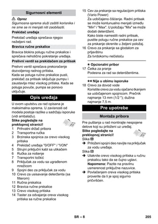 – 8 
 Oprez 
Sigurnosna oprema služi zaštiti korisnika i 
ne sme se ni menjati niti zaobilaziti. 
Prekidač uređaja sprečava njegov 
neželjeni rad. 
Bravica blokira polugu ručne prskalice i 
sprečava nehotično pokretanje uređaja. 
Prelivni ventil sprečava prekoračenje 
dozvoljenog radnog pritiska. 
Kada se poluga ručne prskalice pusti, 
prekidač za pritisak isključuje pumpu i 
zaustavlja mlaz visokog pritiska. Kada se 
poluga povuče, pumpa se ponovo 
uključuje. 
U ovom uputstvu za rad opisana je 
maksimalna oprema. U zavisnosti od 
modela postoje razlike u sadržaju isporuke 
(vidi ambalažu). 
Slike pogledajte na 
preklopnoj stranici! 
1 Prihvatni držač pribora 
2 Transportna ručka 
3 Brzinska spojnica za crevo visokog 
pritiska 
4 Prekidač uređaja 0/OFF / I/ON 
5 Strujni priključni kabl sa utikačem 
6 Ručka za nošenje 
7 Transportni točkić 
8 Priključak za vodu sa ugrađenom 
mrežicom 
9 Spojni deo za priključak za vodu 
10 Crevo za usisavanje deterženta (sa 
filterom) 
11 Ručna prskalica 
12 Bravica ručne prskalice 
13 Crevo visokog pritiska 
14 Taster za odvajanje creva visokog 
pritiska sa ručne prskalice 
15 Cev za prskanje sa regulacijom pritiska 
(Vario Power) 
Za uobičajeno čišćenje. Radni pritisak 
se može kontunualno menjati između 
Min i Max. U položaju Mix se može 
dodati deterdžent. 
Kako biste namestili radni pritisak, 
pustite polugu ručne prskalice pa cev 
za prskanje okrenite u željeni položaj. 
16 Crevo za prskanje sa glodalom za 
prljavštinu 
Za tvrdokornu nečistoću 
———————————————–––– 
Opcionalni pribor 
17 Četka za pranje 
Podesna za rad sa deterdžentima. 
———————————————–––– 
Nije u obimu isporuke 
18 Crevo za dovod vode 
Koristite crevo za vodu ojačano tkanjem 
sa uobičajenom spojnicom. Prečnik 
najmanje 13 mm (1/2 ); dužina 
najmanje 7,5 m. 
Pre puštanja u rad montirajte nespojene 
delove koji su priloženi uz uređaj. 
Slike pogledajte na 
preklopnoj stranici! 
Slika 
 Priloženi spojni deo navijte na priključak 
za vodu uređaja. 
Slika 
 Utaknite crevo visokog pritiska u ručnu 
prskalicu tako da se čujno uglavi. 
Napomena: Pazite na pravilnu 
usmerenost priključne nazuvice. 
 Povlačenjem creva visokog pritiska 
proverite da li je spoj sigurno 
pričvršćen. 
Sigurnosni elementi 
Prekidač uređaja 
Bravica ručne prskalice 
Prelivni ventil sa prekidačem za pritisak 
Opis uređaja 
Pre upotrebe 
Montaža pribora 
SR 205 
 