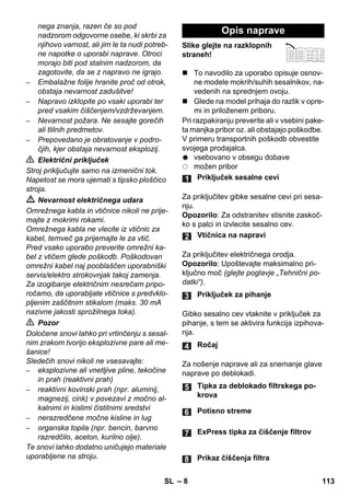 – 8 
nega znanja, razen če so pod 
nadzorom odgovorne osebe, ki skrbi za 
njihovo varnost, ali jim le ta nudi potreb-ne 
napotke o uporabi naprave. Otroci 
morajo biti pod stalnim nadzorom, da 
zagotovite, da se z napravo ne igrajo. 
– Embalažne folije hranite proč od otrok, 
obstaja nevarnost zadušitve! 
– Napravo izklopite po vsaki uporabi ter 
pred vsakim čiščenjem/vzdrževanjem. 
– Nevarnost požara. Ne sesajte gorečih 
ali tlilnih predmetov. 
– Prepovedano je obratovanje v podro-čjih, 
kjer obstaja nevarnost eksplozij. 
 Električni priključek 
Stroj priključujte samo na izmenični tok. 
Napetost se mora ujemati s tipsko ploščico 
stroja. 
 Nevarnost električnega udara 
Omrežnega kabla in vtičnice nikoli ne prije-majte 
z mokrimi rokami. 
Omrežnega kabla ne vlecite iz vtičnic za 
kabel, temveč ga prijemajte le za vtič. 
Pred vsako uporabo preverite omrežni ka-bel 
z vtičem glede poškodb. Poškodovan 
omrežni kabel naj pooblaščen uporabniški 
servis/elektro strokovnjak takoj zamenja. 
Za izogibanje električnim nesrečam pripo-ročamo, 
da uporabljate vtičnice s predvklo-pljenim 
zaščitnim stikalom (maks. 30 mA 
nazivne jakosti sprožilnega toka). 
 Pozor 
Določene snovi lahko pri vrtinčenju s sesal-nim 
zrakom tvorijo eksplozivne pare ali me-šanice! 
Sledečih snovi nikoli ne vsesavajte: 
– eksplozivne ali vnetljive pline, tekočine 
in prah (reaktivni prah) 
– reaktivni kovinski prah (npr. aluminij, 
magnezij, cink) v povezavi z močno al-kalnimi 
in kislimi čistilnimi sredstvi 
– nerazredčene močne kisline in lug 
– organska topila (npr. bencin, barvno 
razredčilo, aceton, kurilno olje). 
Te snovi lahko dodatno uničujejo materiale 
uporabljene na stroju. 
Opis naprave 
Slike glejte na razklopnih 
straneh! 
 To navodilo za uporabo opisuje osnov-ne 
modele mokrih/suhih sesalnikov, na-vedenih 
na sprednjem ovoju. 
 Glede na model prihaja do razlik v opre-mi 
in priloženem priboru. 
Pri razpakiranju preverite ali v vsebini pake-ta 
manjka pribor oz. ali obstajajo poškodbe. 
V primeru transportnih poškodb obvestite 
svojega prodajalca. 
vsebovano v obsegu dobave 
možen pribor 
Priključek sesalne cevi 
Za priključitev gibke sesalne cevi pri sesa-nju. 
Opozorilo: Za odstranitev stisnite zaskoč-ko 
s palci in izvlecite sesalno cev. 
Vtičnica na napravi 
Za priključitev električnega orodja. 
Opozorilo: Upoštevajte maksimalno pri-ključno 
moč (glejte poglavje „Tehnični po-datki“). 
Priključek za pihanje 
Gibko sesalno cev vtaknite v priključek za 
pihanje, s tem se aktivira funkcija izpihova-nja. 
Ročaj 
Za nošenje naprave ali za snemanje glave 
naprave po deblokadi. 
Tipka za deblokado filtrskega po-krova 
Potisno streme 
ExPress tipka za čiščenje filtrov 
Prikaz čiščenja filtra 
SL 113 
 