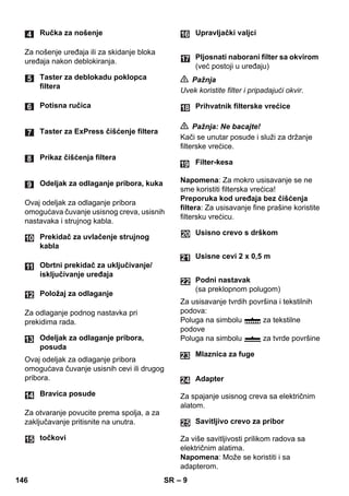– 9 
Za nošenje uređaja ili za skidanje bloka 
uređaja nakon deblokiranja. 
Ovaj odeljak za odlaganje pribora 
omogućava čuvanje usisnog creva, usisnih 
nastavaka i strujnog kabla. 
Za odlaganje podnog nastavka pri 
prekidima rada. 
Ovaj odeljak za odlaganje pribora 
omogućava čuvanje usisnih cevi ili drugog 
pribora. 
Za otvaranje povucite prema spolja, a za 
zaključavanje pritisnite na unutra. 
 Pažnja 
Uvek koristite filter i pripadajući okvir. 
 Pažnja: Ne bacajte! 
Kači se unutar posude i služi za držanje 
filterske vrećice. 
Napomena: Za mokro usisavanje se ne 
sme koristiti filterska vrećica! 
Preporuka kod uređaja bez čišćenja 
filtera: Za usisavanje fine prašine koristite 
filtersku vrećicu. 
Za usisavanje tvrdih površina i tekstilnih 
podova: 
Poluga na simbolu za tekstilne 
podove 
Poluga na simbolu za tvrde površine 
Za spajanje usisnog creva sa električnim 
alatom. 
Za više savitljivosti prilikom radova sa 
električnim alatima. 
Napomena: Može se koristiti i sa 
adapterom. 
Ručka za nošenje 
Taster za deblokadu poklopca 
filtera 
Potisna ručica 
Taster za ExPress čišćenje filtera 
Prikaz čišćenja filtera 
Odeljak za odlaganje pribora, kuka 
Prekidač za uvlačenje strujnog 
kabla 
Obrtni prekidač za uključivanje/ 
isključivanje uređaja 
Položaj za odlaganje 
Odeljak za odlaganje pribora, 
posuda 
Bravica posude 
točkovi 
Upravljački valjci 
Pljosnati naborani filter sa okvirom 
(već postoji u uređaju) 
Prihvatnik filterske vrećice 
Filter-kesa 
Usisno crevo s drškom 
Usisne cevi 2 x 0,5 m 
Podni nastavak 
(sa preklopnom polugom) 
Mlaznica za fuge 
Adapter 
Savitljivo crevo za pribor 
24 
25 
146 SR 
 