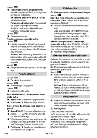 – 10 
Joonis 
 Tagumiste rataste paigaldamine: 
Murdke laagrikausid lahti ja suruge suu-red 
kausid rattapessa. 
Ilma teljeta seadmete puhul: Pange 
rattad rattapessa. 
Teljega seadmete puhul: Torgake rat-tad 
teljele ja pange rattapessa. 
Seejärel kinnitakse väikesed kausid 
suurtesse ja kruvige kokku. 
Joonis 
 Paigaldage konks. 
Tõukesangaga seadmete puhul: 
Joonis 
 Lükake tõukesang ülevalt kahte sead-mepeal 
olevasse, selleks ettenähtud 
avasse ja suruge lõpuni alla. Kinnitage 
alt 2 kruviga. 
Märkus: Kui tõukesang monteeritakse 
hiljem maha, tuleb alumised avad funkt-sionaalsetel 
kaalutlustel jälle 2 kruviga 
sulgeda. 
Joonis 
A 6 
 Pange seadme pea peale ja lukustage 
see. 
Joonis 
 Tarvikute ühendamine. 
Joonis 
 Ühendadage võrgupistik. 
Joonis 
 Lülitage seade sisse. 
 Positsioon I: Imemine või puhumine. 
 Positsioon 0: Masin on välja lülitatud. 
 Asend MAKS: Imemine või puhumine. 
 Asend MAKS: Imemine ühenda-tud 
elektritööriistaga 
 Võimsuse reguleerimine: Vajadusel vä-hendage 
imedes, puhudes või elektrili-se 
tööriistaga töötades imivõimsust. 
 Positsioon 0: Seade on välja lülitatud. 
Elektritööriist on pinge all.. 
 Töötage ainult kuiva lamevoltfiltriga! 
Joonis 
Soovitus ilma filtripuhastussüsteemita 
seadmete puhul: Peentolmu imemiseks 
paigaldage filtrikott. 
 Filtrikoti täituvus sõltub imetud mustu-sest. 
Liiga täis filtrikotid võivad lõhki minna. 
Vahetage filtrikott õigeaegselt välja! 
Peene tolmu, liiva jne puhul tuleb filtri-kotti 
sagedamini vahetada. 
ExPress-filtripuhastussüsteemiga 
seadmete puhul: Ilma filtrikotita puhasta-des 
on filtripuhastuse näit punane, kui on 
vaja puhastada lamevoltfiltrit. 
 Kasutage filtripuhastust. 
ExPress filtripuhastus on ette nähtud suur-te 
koguste peentolmu imemiseks ilma pai-galdatud 
filtrikotita. 
Kui filtripuhastuse näit on punane, tuleb la-mevoltfiltrit 
puhastada: 
Joonis 
 Kui seade on sisse lülitatud, vajutage 3 
x filtripuhastuse klahvile, seejuures oo-dake 
üksikute vajutuste vahel u. 4 se-kundit. 
Märkus: Pärast mitmekordset filtripu-hastust 
või punase filtripuhastuse näidu 
korral kontrollige mahuti täituvust. Vaja-dusel 
tühjendage mahuti. 
 Niiskuse või vedeliku masinasse imemi-seks 
ühendage vajalikud tarvikud imito-rudele 
või otse käepidemele. 
 Tähelepanu: 
Mitte kasutada filterkotti! 
Vahu tekkimisel või vedeliku väljumisel lüli-tage 
seade koheselt välja! 
Märkus: Kui anum saab täis, sulgeb ujuk 
imemisava ja seade töötab kõrgematel 
pööretel. Lülitage seade koheselt välja ja 
tühjendage mahuti. 
Kasutuselevõtt 
Ilma sisseehitatud pistikupesata sead-mete 
puhul 
Sisseehitatud pistikupesaga seadmete 
puhul 
Kuivimemine 
ExPress-filtripuhastussüsteem 
Märgimemine 
160 ET 
 
