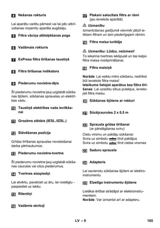 – 9 
Lai aparātu varētu pārnest vai lai pēc atbrī-vošanas 
noņemtu aparāta augšdaļu. 
Šī piederumu novietne ļauj uzglabāt sūkša-nas 
šļūteni, sūkšanas sprauslas un elektrī-bas 
vadu. 
Grīdas tīrīšanas sprauslas novietošanai 
darba pārtraukumos. 
Šī piederumu novietne ļauj uzglabāt sūkša-nas 
caurules vai citus piederumus. 
Lai atvērtu, pavelciet uz āru, lai noslēgtu - 
paspiediet uz iekšu. 
 Uzmanību 
Izmantošanas gadījumā vienmēr jābūt ie-liktam 
filtram un tam piederīgajam rāmim. 
 Uzmanību: Lūdzu, neizmest! 
To iekarina tvertnes iekšpusē un tas kalpo 
filtra maisa nostiprināšanai. 
Norāde: Lai veiktu mitro sūkšanu, nedrīkst 
būt ievietots filtra maiss! 
Ieteikums lietojot aparātus bez filtra tīrī-šanas: 
Lai uzsūktu sīkus putekļus, ievieto-jiet 
filtra maisu. 
Cietu virsmu un paklāju sūkšanai: 
Svira uz simbolu tīrot paklājus 
Svira uz simbolu tīrot cietas virsmas 
Lai savienotu sūkšanas šļūteni ar elektro-instrumentu. 
Lielākai ērtībai strādājot ar elektroinstru-mentiem. 
Norāde: Var izmantot arī ar adapteru. 
Nešanas rokturis 
Filtra vāciņa atbloķēšanas poga 
Vadāmais rokturis 
ExPress filtra tīrīšanas taustiņš 
Filtra tīrīšanas indikators 
Piederumu novietne-āķis 
Taustiņš elektrības vada ievilkša-nai 
Grozāms slēdzis (IESL./IZSL.) 
Stāvēšanas pozīcija 
Piederumu novietne-tvertne 
Tvertnes aizspiedņi 
Ritentiņi 
Vadāmie skrituļi 
Plakani salocītais filtrs ar rāmi 
(jau ievietots aparātā) 
Filtra maisa turētājs 
Filtra maisiņš 
Sūkšanas šļūtene ar rokturi 
Sūcējcaurules 2 x 0,5 m 
Sprausla grīdas tīrīšanai 
(ar pārslēgšanas sviru) 
Saduru sprausla 
Adapteris 
Elastīga instrumentu šļūtene 
24 
25 
LV 165 
 