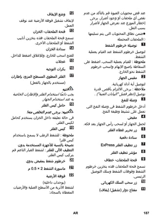 عند فض محتويات العبوة قم بالتأكد من عدم 
نقص أي ملحقات أو وجود أضرار. يرجى 
إخطار الموزع عند تعرض الجهاز لأضرار 
بسبب النقل. 
ضمن نطاق المحتويات التي يتم تسليمها 
الملحقات المحتملة 
توصيلة خرطوم الشفط 
لتوصيل خرطوم الشفط عند القيام بعملية 
الشفط. 
ملحوظة : للقيام بعملية السحب، اضغط على 
السقاطة بإصبع الإبهام واسحب خرطوم 
الشفط نحو الخارج. 
مقبس الجهاز 
لتوصيل أية أداة كهربائية. 
ملاحظة : يرجى الالتزام بأقصى قدرة 
توصيل.(انظر فصل البيانات الفنية) . 
وصلة للنفخ 
أدخل خرطوم الشفط في وصلة النفخ التي 
تعمل على تنشيط وظيفة النفخ. 
مقبض 
لحمل الجهاز أو لسحب رأس الجهاز بعد فكه. 
زر تحرير غطاء الفلتر 
سنادة دفعية 
ExPress زر تنظيف الفلتر 
مؤشر تنظيف الفلتر 
فتحة الملحقات- خطاف 
تسمح فتحة الملحقات هذه بتخزين خرطوم 
الشفط وفوهات الشفط وسلك التوصيل 
الرئيسي. 
زر سحب السلك الكهربائي 
مفتاح دوار (تشغيل/ إيقاف) 
وضع الإيقاف 
لإيقاف تشغيل فوهة الأرضية عند توقف 
العمل. 
فتحة الملحقات- الخزان 
تسمح فتحة الملحقات هذه بتخزين أنابيب 
الشفط أو الملحقات الأخرى. 
سدادة الخزان 
للفتح اسحب للخارج، وللإغلاق اضغط للداخل. 
عجلات 
بكرات التوجيه 
الفلتر المطوي المسطح المزود بإطارات 
(مستخدم بالجهاز بالفعل) 
انتبه 
يجب دائمًا استخدام الفلتر والإطارات الخاصة 
به عند استخدام الجهاز. 
حامل كيس الفلتر 
تنبيه: يرجى عدم التخلص منه! 
في حالة تعليقه داخل الخزان يستخدم كحامل 
لكيس الفلتر. 
كيس الفلتر 
ملحوظة : للشفط الرطب لا يسمح باستخدام 
كيس فلتر! 
نصيحة بالنسبة للأجهزة المستخدمة بدون 
التنظيف الآلي للفلتر : لشفط الغبار الناعم قم 
بتركيب كيس الفلتر. 
خرطوم شفط بمقبض يدوي 
0.5 م × ماسورة الشفط 2 
فوهة الأرضية 
(بوحدات داخلية) 
لشفط الأتربة من الأسطح الصلبة والأرضيات 
المغطاة بالسجاد: 
AR 187 
 