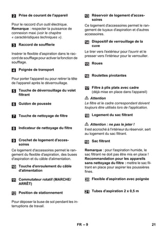 – 9 
Pour le raccord d'un outil électrique. 
Remarque : respecter la puissance de 
connexion maxi (voir le chapitre 
« caractéristiques techniques »). 
Insérer le flexible d'aspiration dans le rac-cord 
de soufflage pour activer la fonction de 
soufflage. 
Pour porter l'appareil ou pour retirer la tête 
de l'appareil après le déverrouillage. 
Ce logement d'accessoires permet le ran-gement 
du flexible d'aspiration, des buses 
d'aspiration et du câble d'alimentation. 
Pour déposer la buse de sol pendant les in-terruptions 
de travail. 
Ce logement d'accessoires permet le ran-gement 
de tuyaux d'aspiration et d'autres 
accessoires. 
Le tirer vers l'extérieur pour l'ouvrir et le 
presser vers l'intérieur pour le verrouiller. 
 Attention 
Le filtre et le cadre correspondant doivent 
toujours être utilisés lors de l'application. 
 Attention : ne pas le jeter ! 
Il est accroché à l'intérieur du réservoir, sert 
au logement du sac filtrant. 
Remarque : pour l'aspiration humide, le 
sac filtrant ne doit pas être mis en place ! 
Recommandation pour les appareils 
sans nettoyage du filtre : mettre le sac fil-trant 
en place pour aspirer les poussières 
fines. 
Prise de courant de l'appareil 
Raccord de soufflerie 
Poignée de transport 
Touche de déverrouillage du volet 
filtrant 
Guidon de poussée 
Touche de nettoyage de filtre 
Indicateur de nettoyage du filtre 
Crochet de logement d'acces-soires 
Touche d'enroulement du câble 
d'alimentation 
Commutateur rotatif (MARCHE/ 
ARRÊT) 
Position de stationnement 
Réservoir de logement d'acces-soires 
Dispositif de verrouillage de la 
cuve 
Roues 
Roulettes pivotantes 
Filtre à plis plats avec cadre 
(déjà mise en place dans l'appareil) 
Logement du sac filtrant 
Sac filtrant 
Flexible d'aspiration avec poignée 
Tubes d'aspiration 2 x 0,5 m 
FR 21 
 