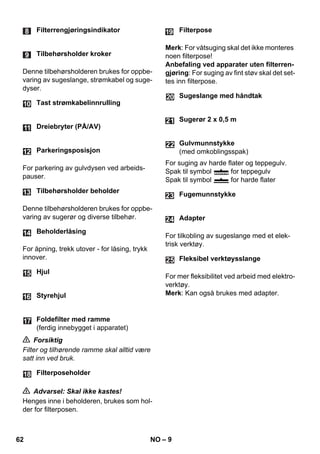 – 9 
Denne tilbehørsholderen brukes for oppbe-varing 
av sugeslange, strømkabel og suge-dyser. 
For parkering av gulvdysen ved arbeids-pauser. 
Denne tilbehørsholderen brukes for oppbe-varing 
av sugerør og diverse tilbehør. 
For åpning, trekk utover - for låsing, trykk 
innover. 
 Forsiktig 
Filter og tilhørende ramme skal alltid være 
satt inn ved bruk. 
 Advarsel: Skal ikke kastes! 
Henges inne i beholderen, brukes som hol-der 
for filterposen. 
Merk: For våtsuging skal det ikke monteres 
noen filterpose! 
Anbefaling ved apparater uten filterren-gjøring: 
For suging av fint støv skal det set-tes 
inn filterpose. 
For suging av harde flater og teppegulv. 
Spak til symbol for teppegulv 
Spak til symbol for harde flater 
For tilkobling av sugeslange med et elek-trisk 
verktøy. 
For mer fleksibilitet ved arbeid med elektro-verktøy. 
Merk: Kan også brukes med adapter. 
Filterrengjøringsindikator 
Tilbehørsholder kroker 
Tast strømkabelinnrulling 
Dreiebryter (PÅ/AV) 
Parkeringsposisjon 
Tilbehørsholder beholder 
Beholderlåsing 
Hjul 
Styrehjul 
Foldefilter med ramme 
(ferdig innebygget i apparatet) 
Filterposeholder 
Filterpose 
Sugeslange med håndtak 
Sugerør 2 x 0,5 m 
Gulvmunnstykke 
(med omkoblingsspak) 
Fugemunnstykke 
Adapter 
Fleksibel verktøysslange 
24 
25 
62 NO 
 