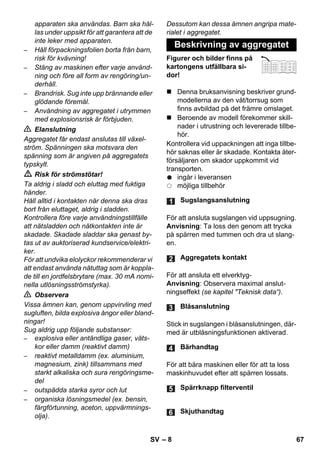 – 8 
apparaten ska användas. Barn ska hål-las 
under uppsikt för att garantera att de 
inte leker med apparaten. 
– Håll förpackningsfolien borta från barn, 
risk för kvävning! 
– Stäng av maskinen efter varje använd-ning 
och före all form av rengöring/un-derhåll. 
– Brandrisk. Sug inte upp brännande eller 
glödande föremål. 
– Användning av aggregatet i utrymmen 
med explosionsrisk är förbjuden. 
 Elanslutning 
Aggregatet får endast anslutas till växel-ström. 
Spänningen ska motsvara den 
spänning som är angiven på aggregatets 
typskylt. 
 Risk för strömstötar! 
Ta aldrig i sladd och eluttag med fuktiga 
händer. 
Håll alltid i kontakten när denna ska dras 
bort från eluttaget, aldrig i sladden. 
Kontrollera före varje användningstillfälle 
att nätsladden och nätkontakten inte är 
skadade. Skadade sladdar ska genast by-tas 
ut av auktoriserad kundservice/elektri-ker. 
För att undvika elolyckor rekommenderar vi 
att endast använda nätuttag som är koppla-de 
till en jordfelsbrytare (max. 30 mA nomi-nella 
utlösningsströmstyrka). 
 Observera 
Vissa ämnen kan, genom uppvirvling med 
sugluften, bilda explosiva ångor eller bland-ningar! 
Sug aldrig upp följande substanser: 
– explosiva eller antändliga gaser, väts-kor 
eller damm (reaktivt damm) 
– reaktivt metalldamm (ex. aluminium, 
magnesium, zink) tillsammans med 
starkt alkaliska och sura rengöringsme-del 
– outspädda starka syror och lut 
– organiska lösningsmedel (ex. bensin, 
färgförtunning, aceton, uppvärmnings-olja). 
Dessutom kan dessa ämnen angripa mate-rialet 
i aggregatet. 
Beskrivning av aggregatet 
Figurer och bilder finns på 
kartongens utfällbara si-dor! 
 Denna bruksanvisning beskriver grund-modellerna 
av den våt/torrsug som 
finns avbildad på det främre omslaget. 
 Beroende av modell förekommer skill-nader 
i utrustning och levererade tillbe-hör. 
Kontrollera vid uppackningen att inga tillbe-hör 
saknas eller är skadade. Kontakta åter-försäljaren 
om skador uppkommit vid 
transporten. 
ingår i leveransen 
möjliga tillbehör 
Sugslangsanslutning 
För att ansluta sugslangen vid uppsugning. 
Anvisning: Ta loss den genom att trycka 
på spärren med tummen och dra ut slang-en. 
Aggregatets kontakt 
För att ansluta ett elverktyg- 
Anvisning: Observera maximal anslut-ningseffekt 
(se kapitel Teknisk data“). 
Blåsanslutning 
Stick in sugslangen i blåsanslutningen, där-med 
är utblåsningsfunktionen aktiverad. 
Bärhandtag 
För att bära maskinen eller för att ta loss 
maskinhuvudet efter att spärren lossats. 
Spärrknapp filterventil 
Skjuthandtag 
SV 67 
 