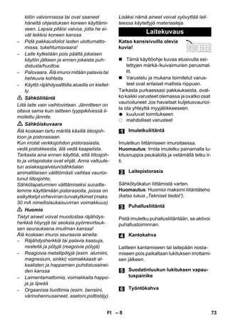 – 8 
kilön valvonnassa tai ovat saaneet 
häneltä ohjeistuksen koneen käyttämi-seen. 
Lapsia pitäisi valvoa, jotta he ei-vät 
leikkisi koneen kanssa. 
– Pidä pakkausfoliot lasten ulottumatto-missa, 
tukehtumisvaara! 
– Laite kytketään pois päältä jokaisen 
käytön jälkeen ja ennen jokaista puh-distusta/ 
huoltoa. 
– Palovaara. Älä imuroi mitään palavia tai 
hehkuvia kohteita. 
– Käyttö räjähdysalttiilla alueilla on kiellet-ty. 
 Sähköliitäntä 
Liitä laite vain vaihtovirtaan. Jännitteen on 
oltava sama kuin laitteen tyyppikilvessä il-moitettu 
jännite. 
 Sähköiskuvaara 
Älä koskaan tartu märillä käsillä liitosjoh-toon 
ja pistorasiaan. 
Kun irrotat verkkojohdon pistorasiasta, 
vedä pistokkeesta, älä vedä kaapelista. 
Tarkasta aina ennen käyttöä, että liitosjoh-to 
ja virtapistoke ovat ehjät. Anna valtuute-tun 
asiakaspalvelun/sähköalan 
ammattilaisen välittömästi vaihtaa vaurioi-tunut 
liitosjohto. 
Sähkötapaturmien välttämiseksi suositte-lemme 
käyttämään pistorasioita, joissa on 
esikytketyt virhevirran turvakytkimet (maks. 
30 mA nimellislaukaisuvirran voimakkuus). 
 Huomio 
Tietyt aineet voivat muodostaa räjähdys-herkkiä 
höyryjä tai seoksia pyörrevirtauk-sen 
seurauksena imuilman kanssa! 
Älä koskaan imuroi seuraavia aineita: 
– Räjähdysherkkiä tai palavia kaasuja, 
nesteitä ja pölyjä (reagoivia pölyjä) 
– Reagoivia metallipölyjä (esim. alumiini, 
magnesium, sinkki) voimakkaasti al-kaalisten 
ja happamien puhdistusainei-den 
kanssa 
– Laimentamattomia, voimakkaita happo-ja 
ja lipeää 
– Orgaanisia liuottimia (esim. bensiini, 
värinohennusaineet, asetoni,polttoöljy). 
Lisäksi nämä aineet voivat syövyttää lait-teessa 
käytettyjä materiaaleja. 
Katso kansisivuilla olevia 
kuvia! 
 Tämä käyttöohje kuvaa etusivulla esi-tettyjen 
märkä-/kuivaimurien perusmal-lit. 
 Varustelu ja mukana toimitetut varus-teet 
ovat erilaiset mallista riippuen. 
Tarkasta purkaessasi pakkauksesta, ovat-ko 
kaikki varusteet olemassa ja ovatko osat 
vaurioituneet Jos havaitset kuljetusvaurioi-ta 
ota yhteyttä myyjäliikkeeseen. 
kuuluvat toimitukseen 
mahdolliset varusteet 
Imuletkun liittämiseen imuroitaessa. 
Huomautus: Irrota imuletku painamalla lu-kitusnuppia 
peukalolla ja vetämällä letku ir-ti. 
Sähkötyökalun liittämistä varten. 
Huomautus: Huomioi maksimi liitäntäteho 
(katso lukua „Tekniset tiedot“). 
Pistä imuletku puhallusliitäntään, se aktivoi 
puhallustoiminnan. 
Laitteen kantamiseen tai laitepään nosta-miseen 
pois paikaltaan lukituksen irrottami-sen 
jälkeen. 
Laitekuvaus 
Imuletkuliitäntä 
Laitepistorasia 
Puhallusliitäntä 
Kantokahva 
Suodatinluukun lukituksen vapau-tuspainike 
Työntökahva 
FI 73 
 