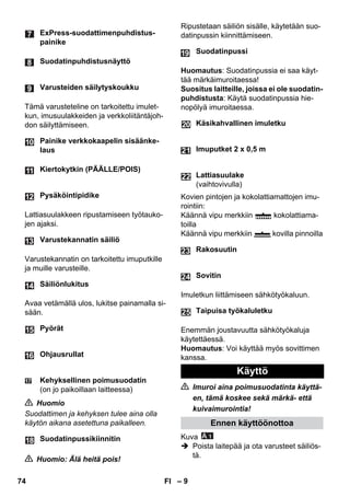 – 9 
Tämä varusteteline on tarkoitettu imulet-kun, 
imusuulakkeiden ja verkkoliitäntäjoh-don 
säilyttämiseen. 
Lattiasuulakkeen ripustamiseen työtauko-jen 
ajaksi. 
Varustekannatin on tarkoitettu imuputkille 
ja muille varusteille. 
Avaa vetämällä ulos, lukitse painamalla si-sään. 
 Huomio 
Suodattimen ja kehyksen tulee aina olla 
käytön aikana asetettuna paikalleen. 
 Huomio: Älä heitä pois! 
Ripustetaan säiliön sisälle, käytetään suo-datinpussin 
kiinnittämiseen. 
Huomautus: Suodatinpussia ei saa käyt-tää 
märkäimuroitaessa! 
Suositus laitteille, joissa ei ole suodatin-puhdistusta: 
Käytä suodatinpussia hie-nopölyä 
imuroitaessa. 
Kovien pintojen ja kokolattiamattojen imu-rointiin: 
Käännä vipu merkkiin kokolattiama-toilla 
Käännä vipu merkkiin kovilla pinnoilla 
Imuletkun liittämiseen sähkötyökaluun. 
Enemmän joustavuutta sähkötyökaluja 
käytettäessä. 
Huomautus: Voi käyttää myös sovittimen 
kanssa. 
 Imuroi aina poimusuodatinta käyttä-en, 
tämä koskee sekä märkä- että 
kuivaimurointia! 
Kuva 
 Poista laitepää ja ota varusteet säiliös-tä. 
ExPress-suodattimenpuhdistus-painike 
Suodatinpuhdistusnäyttö 
Varusteiden säilytyskoukku 
Painike verkkokaapelin sisäänke-laus 
Kiertokytkin (PÄÄLLE/POIS) 
Pysäköintipidike 
Varustekannatin säiliö 
Säiliönlukitus 
Pyörät 
Ohjausrullat 
Kehyksellinen poimusuodatin 
(on jo paikoillaan laitteessa) 
Suodatinpussikiinnitin 
Suodatinpussi 
Käsikahvallinen imuletku 
Imuputket 2 x 0,5 m 
Lattiasuulake 
(vaihtovivulla) 
Rakosuutin 
Sovitin 
Taipuisa työkaluletku 
Käyttö 
Ennen käyttöönottoa 
24 
25 
74 FI 
 
