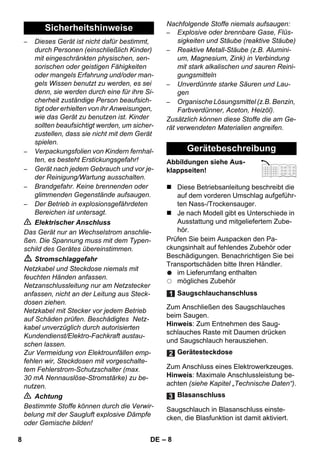 – 8 
– Dieses Gerät ist nicht dafür bestimmt, 
durch Personen (einschließlich Kinder) 
mit eingeschränkten physischen, sen-sorischen 
oder geistigen Fähigkeiten 
oder mangels Erfahrung und/oder man-gels 
Wissen benutzt zu werden, es sei 
denn, sie werden durch eine für ihre Si-cherheit 
zuständige Person beaufsich-tigt 
oder erhielten von ihr Anweisungen, 
wie das Gerät zu benutzen ist. Kinder 
sollten beaufsichtigt werden, um sicher-zustellen, 
dass sie nicht mit dem Gerät 
spielen. 
– Verpackungsfolien von Kindern fernhal-ten, 
es besteht Erstickungsgefahr! 
– Gerät nach jedem Gebrauch und vor je-der 
Reinigung/Wartung ausschalten. 
– Brandgefahr. Keine brennenden oder 
glimmenden Gegenstände aufsaugen. 
– Der Betrieb in explosionsgefährdeten 
Bereichen ist untersagt. 
 Elektrischer Anschluss 
Das Gerät nur an Wechselstrom anschlie-ßen. 
Die Spannung muss mit dem Typen-schild 
des Gerätes übereinstimmen. 
 Stromschlaggefahr 
Netzkabel und Steckdose niemals mit 
feuchten Händen anfassen. 
Netzanschlussleitung nur am Netzstecker 
anfassen, nicht an der Leitung aus Steck-dosen 
ziehen. 
Netzkabel mit Stecker vor jedem Betrieb 
auf Schäden prüfen. Beschädigtes Netz-kabel 
unverzüglich durch autorisierten 
Kundendienst/Elektro-Fachkraft austau-schen 
lassen. 
Zur Vermeidung von Elektrounfällen emp-fehlen 
wir, Steckdosen mit vorgeschalte-tem 
Fehlerstrom-Schutzschalter (max. 
30 mA Nennauslöse-Stromstärke) zu be-nutzen. 
 Achtung 
Bestimmte Stoffe können durch die Verwir-belung 
mit der Saugluft explosive Dämpfe 
oder Gemische bilden! 
Nachfolgende Stoffe niemals aufsaugen: 
– Explosive oder brennbare Gase, Flüs-sigkeiten 
und Stäube (reaktive Stäube) 
– Reaktive Metall-Stäube (z.B. Alumini-um, 
Magnesium, Zink) in Verbindung 
mit stark alkalischen und sauren Reini-gungsmitteln 
– Unverdünnte starke Säuren und Lau-gen 
– Organische Lösungsmittel (z.B. Benzin, 
Farbverdünner, Aceton, Heizöl). 
Zusätzlich können diese Stoffe die am Ge-rät 
verwendeten Materialien angreifen. 
Abbildungen siehe Aus-klappseiten! 
 Diese Betriebsanleitung beschreibt die 
auf dem vorderen Umschlag aufgeführ-ten 
Nass-/Trockensauger. 
 Je nach Modell gibt es Unterschiede in 
Ausstattung und mitgeliefertem Zube-hör. 
Prüfen Sie beim Auspacken den Pa-ckungsinhalt 
auf fehlendes Zubehör oder 
Beschädigungen. Benachrichtigen Sie bei 
Transportschäden bitte Ihren Händler. 
im Lieferumfang enthalten 
mögliches Zubehör 
Zum Anschließen des Saugschlauches 
beim Saugen. 
Hinweis: Zum Entnehmen des Saug-schlauches 
Raste mit Daumen drücken 
und Saugschlauch herausziehen. 
Zum Anschluss eines Elektrowerkzeuges. 
Hinweis: Maximale Anschlussleistung be-achten 
(siehe Kapitel „Technische Daten“). 
Saugschlauch in Blasanschluss einste-cken, 
die Blasfunktion ist damit aktiviert. 
Sicherheitshinweise 
Gerätebeschreibung 
Saugschlauchanschluss 
Gerätesteckdose 
Blasanschluss 
8 DE 
 