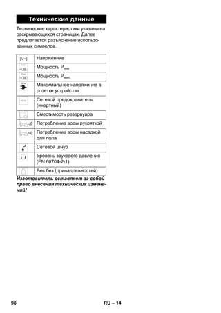 – 14 
Технические данные 
Технические характеристики указаны на 
раскрывающихся страницах. Далее 
предлагается разъяснение использо- 
ванных символов. 
Напряжение 
Мощность Рном 
Мощность Рмакс 
Максимальное напряжение в 
розетке устройства 
Сетевой предохранитель 
(инертный) 
Вместимость резервуара 
Потребление воды рукояткой 
Потребление воды насадкой 
для пола 
Сетевой шнур 
Уровень звукового давления 
(EN 60704-2-1) 
Вес без (принадлежностей) 
Изготовитель оставляет за собой 
право внесения технических измене- 
ний! 
98 RU 
 