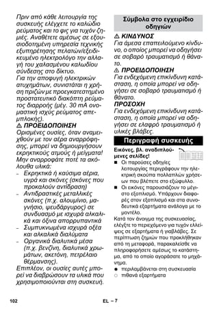 – 7 
Πριν από κάθε λειτουργία της 
συσκευής ελέγχετε το καλώδιο 
ρεύματος και το φις για τυχόν ζη- 
μιές. Αναθέτετε αμέσως σε εξου- 
σιοδοτημένη υπηρεσία τεχνικής 
εξυπηρέτησης πελατών/εξειδι- 
κευμένο ηλεκτρολόγο την αλλα- 
γή του χαλασμένου καλωδίου 
σύνδεσης στο δίκτυο. 
Για την αποφυγή ηλεκτρικών 
ατυχημάτων, συνιστάται η χρή- 
ση πριζών με προεγκατεστημένο 
προστατευτικό διακόπτη ρεύμα- 
τος διαρροής (μέγ. 30 mA ονο- 
μαστική ισχύς ρεύματος απε- 
μπλοκής). 
 ΠΡΟΕΙΔΟΠΟΙΗΣΗ 
Ορισμένες ουσίες, όταν αναμει- 
χθούν με τον αέρα αναρρόφη- 
σης, μπορεί να δημιουργήσουν 
εκρηκτικούς ατμούς ή μείγματα! 
Μην αναρροφάτε ποτέ τα ακό- 
λουθα υλικά: 
– Εκρηκτικά ή καύσιμα αέρια, 
υγρά και σκόνες (σκόνες που 
προκαλούν αντίδραση) 
– Αντιδραστικές μεταλλικές 
σκόνες (π.χ. αλουμίνιο, μα- 
γνήσιο, ψευδάργυρος) σε 
συνδυασμό με ισχυρά αλκαλι- 
κά και όξινα απορρυπαντικά 
– Συμπυκνωμένα ισχυρά οξέα 
και αλκαλικά διαλύματα 
– Οργανικά διαλυτικά μέσα 
(π.χ. βενζίνη, διαλυτικά χρω- 
μάτων, ακετόνη, πετρέλαιο 
θέρμανσης). 
Επιπλέον, οι ουσίες αυτές μπο- 
ρεί να διαβρώσουν τα υλικά που 
χρησιμοποιούνται στη συσκευή. 
Σύμβολα στο εγχειρίδιο 
οδηγιών 
 ΚΙΝΔΥΝΟΣ 
Για άμεσα επαπειλούμενο κίνδυ- 
νο, ο οποίος μπορεί να οδηγήσει 
σε σοβαρό τραυματισμό ή θάνα- 
το. 
 ΠΡΟΕΙΔΟΠΟΙΗΣΗ 
Για ενδεχόμενη επικίνδυνη κατά- 
σταση, η οποία μπορεί να οδη- 
γήσει σε σοβαρό τραυματισμό ή 
θάνατο. 
ΠΡΟΣΟΧΗ 
Για ενδεχόμενη επικίνδυνη κατά- 
σταση, η οποία μπορεί να οδη- 
γήσει σε ελαφρό τραυματισμό ή 
υλικές βλάβες. 
Περιγραφή συσκευής 
Εικόνες, βλ. αναδιπλού- 
μενες σελίδες! 
 Οι παρούσες οδηγίες 
λειτουργίας περιγράφουν την ηλε- 
κτρική σκούπα πολλαπλών χρήσε- 
ων που βλέπετε στο εξώφυλλο. 
 Οι εικόνες παρουσιάζουν το μέγι- 
στο εξοπλισμό. Υπάρχουν διαφο- 
ρές στον εξοπλισμό και στα συνο- 
δευτικά εξαρτήματα ανάλογα με το 
μοντέλο. 
Κατά τον άνοιγμα της συσκευασίας, 
ελέγξτε το περιεχόμενο για τυχόν ελλεί- 
ψεις σε εξαρτήματα ή γιαβλάβες. Σε 
περίπτωση ζημιών που προκλήθηκαν 
από τη μεταφορά, παρακαλείσθε να 
πληροφορήσετε αμέσως το κατάστη- 
μα, από το οποίο αγοράσατε το μηχά- 
νημα. 
περιλαμβάνεται στη συσκευασία 
πιθανά εξαρτήματα 
102 EL 
 