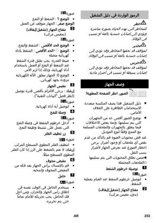 الرموز الواردة في دليل التشغيل 
خطر 
للمخاطر التي تهدد الحياة بصورة مباشرة 
وتؤدي إلى إصابات جسدية بالغة أو تتسبب 
في الوفاة. 
تحذير 
لمواقف قد تحفها المخاطر وقد تؤدي إلى 
إصابات جسدية بالغة أو تتسبب في الوفاة. 
احترس 
لمواقف قد تحفها المخاطر وقد تؤدي إلى 
إصابات بسيطة أو تتسبب في أضرار مادية. 
وصف الجهاز 
الصور، انظر الصفحة المطوية! 
دليل التشغيل هذا يصف المكنسة متعددة ■ 
الاستخدامات الظاهرة على الغلاف 
الأمامي. 
توضح الصور أقصى حد من التجهيزات ■ 
التي يتم تسليمها. وثمة بعض الاختلافات 
فيما يتعلق بالتجهيزات والملحقات المسلمة 
مع المنتج وفقاً لنوع الموديل. 
عند فض محتويات العبوة قم بالتأكد من عدم 
نقص أي ملحقات أو وجود أضرار. يرجى 
إخطار الموزع عند تعرض الجهاز لأضرار 
بسبب النقل. 
ضمن نطاق المحتويات التي يتم تسليمها 
الملحقات المحتملة 
توصيلة خرطوم الشفط 
صورة 
لتوصيل خرطوم الشفط عند القيام بعملية  
الشفط. 
مفتاح الجهاز )تشغيل/إيقاف( 
)بدون مقبس مركب( 
صورة 
الوضع 1 : الشفط أو النفخ  
الوضع صفر : الجهاز متوقف عن العمل 
مفتاح الجهاز )تشغيل/إيقاف( 
)بمقبس مركب( 
صورة 
الوضع الحد الأقصى : الشفط والنفخ.  
الوضع الحد الأقصى : الشفط بأداة  
كهربائية متصلة 
ضبط القدرة: يجب تقليل قدرة الشفط  
عند الشفط أو النفخ أو العمل باستخدام 
أداة كهربائية، وذلك إذا لزم الأمر. 
الوضع 3: الجهاز مغلق. الآلة الكهربائية  
مزودة بجهد كهربائي. 
مقبس الجهاز 
إرشاد : يرجى الالتزام بأقصى قدرة توصيل 
)انظر فصل البيانات التقنية(. 
صورة 
لتوصيل أية أداة كهربائية.  
وصلة للنفخ 
صورة 
أدخل خرطوم الشفط في وصلة النفخ  
التي تعمل على تنشيط وظيفة النفخ. 
زر تنظيف الفلتر 
صورة 
لتنظيف الفلتر المطوي المسطح المركب.  
إرشاد: لا تقم بالضغط على الزر إذا كان الفلتر 
المطوي المسطح مبللاً. 
مقبض مجوف 
قم بالإمساك برأس الجهاز بعد فكه من  
المقبض المجوف واسحبه. 
حامل 
صورة 
يستخدم الحامل في الوقت نفسه في  
إغلاق رأس الجهاز والخزان. ومن أجل 
فك الحامل، يجب تحريكه للأمام تماماً 
حتى يتم تحريره. 
AR 253 
 