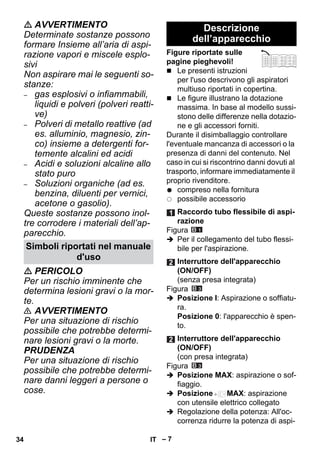 – 7 
 AVVERTIMENTO 
Determinate sostanze possono 
formare Insieme all’aria di aspi-razione 
vapori e miscele esplo-sivi 
Non aspirare mai le seguenti so-stanze: 
– gas esplosivi o infiammabili, 
liquidi e polveri (polveri reatti-ve) 
– Polveri di metallo reattive (ad 
es. alluminio, magnesio, zin-co) 
insieme a detergenti for-temente 
alcalini ed acidi 
– Acidi e soluzioni alcaline allo 
stato puro 
– Soluzioni organiche (ad es. 
benzina, diluenti per vernici, 
acetone o gasolio). 
Queste sostanze possono inol-tre 
corrodere i materiali dell’ap-parecchio. 
 PERICOLO 
Per un rischio imminente che 
determina lesioni gravi o la mor-te. 
 AVVERTIMENTO 
Per una situazione di rischio 
possibile che potrebbe determi-nare 
lesioni gravi o la morte. 
PRUDENZA 
Per una situazione di rischio 
possibile che potrebbe determi-nare 
danni leggeri a persone o 
cose. 
Figure riportate sulle 
pagine pieghevoli! 
 Le presenti istruzioni 
per l'uso descrivono gli aspiratori 
multiuso riportati in copertina. 
 Le figure illustrano la dotazione 
massima. In base al modello sussi-stono 
delle differenze nella dotazio-ne 
e gli accessori forniti. 
Durante il disimballaggio controllare 
l'eventuale mancanza di accessori o la 
presenza di danni del contenuto. Nel 
caso in cui si riscontrino danni dovuti al 
trasporto, informare immediatamente il 
proprio rivenditore. 
compreso nella fornitura 
possibile accessorio 
Figura 
 Per il collegamento del tubo flessi-bile 
per l'aspirazione. 
Figura 
 Posizione I: Aspirazione o soffiatu-ra. 
Posizione 0: l'apparecchio è spen-to. 
Figura 
 Posizione MAX: aspirazione o sof-fiaggio. 
 Posizione MAX: aspirazione 
con utensile elettrico collegato 
 Regolazione della potenza: All'oc-correnza 
ridurre la potenza di aspi- 
Simboli riportati nel manuale 
d'uso 
Descrizione 
dell’apparecchio 
Raccordo tubo flessibile di aspi-razione 
Interruttore dell'apparecchio 
(ON/OFF) 
(senza presa integrata) 
Interruttore dell'apparecchio 
(ON/OFF) 
(con presa integrata) 
34 IT 
 