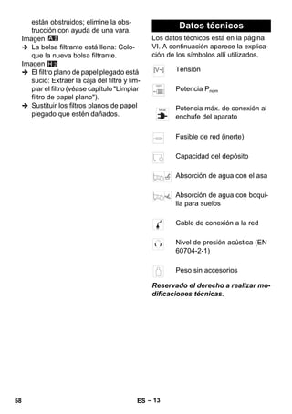 – 13 
están obstruidos; elimine la obs-trucción 
con ayuda de una vara. 
Imagen 
 La bolsa filtrante está llena: Colo-que 
la nueva bolsa filtrante. 
Imagen 
 El filtro plano de papel plegado está 
sucio: Extraer la caja del filtro y lim-piar 
el filtro (véase capítulo Limpiar 
filtro de papel plano). 
 Sustituir los filtros planos de papel 
plegado que estén dañados. 
Los datos técnicos está en la página 
VI. A continuación aparece la explica-ción 
de los símbolos allí utilizados. 
Reservado el derecho a realizar mo-dificaciones 
técnicas. 
H 2 
Datos técnicos 
Tensión 
Potencia Pnom 
Potencia máx. de conexión al 
enchufe del aparato 
Fusible de red (inerte) 
Capacidad del depósito 
Absorción de agua con el asa 
Absorción de agua con boqui-lla 
para suelos 
Cable de conexión a la red 
Nivel de presión acústica (EN 
60704-2-1) 
Peso sin accesorios 
58 ES 
 