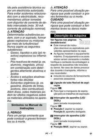 – 7 
ído pela assistência técnica ou 
por um electricista autorizado. 
Para evitar acidentes relaciona-dos 
com a electricidade, reco-mendamos 
utilizar tomadas 
com disjuntor de corrente de de-feito 
intercalado (máx. 30 mA 
corrente de activação nominal). 
 ATENÇÃO 
Determinadas substâncias po-dem, 
com o ar aspirado, formar 
gáses explosivos ou misturas 
por meio de turbulências! 
Nunca aspire as seguintes 
substâncias: 
– Gases, líquidos e pós (pó re-activo) 
explosivos ou inflamá-veis 
– Pós reactivos de metal (p. ex. 
alumínio, magnésio, zinco) 
em combinação com deter-gentes 
altamente alcalinos e 
ácidos 
– Ácidos e soluções alcalinas 
fortes não diluídas 
– Solventes orgânicos (p. ex. 
gasolina, diluente de tintas, 
acetona, óleo combustível). 
Além disso, estes materiais po-dem 
ter efeitos negativos sobre 
os materiais utilizados no apare-lho. 
 PERIGO 
Para um perigo eminente que 
pode conduzir a graves ferimen-tos 
ou à morte. 
 ATENÇÃO 
Para uma possível situação pe-rigosa 
que pode conduzir a gra-ves 
ferimentos ou à morte. 
CUIDADO 
Para uma possível situação pe-rigosa 
que pode conduzir a feri-mentos 
leves ou danos mate-riais. 
Ver figuras nas páginas 
desdobráveis! 
 Este manual de instru-ções 
descreve os aspiradores poli-valentes 
apresentados na capa. 
 As figuras mostram o equipamento 
máximo. O equipamento e os aces-sórios 
variam consoante o modelo. 
Verifique o conteúdo da embalagem a 
respeito de acessórios não incluídos 
ou danos. No caso de danos provoca-dos 
durante o transporte, informe o 
seu revendedor. 
incluído no volume de fornecimento 
possíveis acessórios 
Figura 
 Para ligar a mangueira de aspira-ção 
para os trabalhos de aspiração. 
Figura 
 Posição I: aspirar ou soprar. 
Posição 0: aparelho desligado. 
Figura 
 Posição MAX: aspirar ou soprar. 
Símbolos no Manual de 
Instruções 
Descrição da máquina 
Ligação do tubo flexível de aspi-ração 
Interruptor do aparelho (LIG/ 
DESL) 
(sem tomada incorporada) 
Interruptor do aparelho (LIG/ 
DESL) 
(com tomada incorporada) 
PT 61 
 