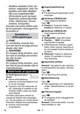 – 7 
– Reaktive metalstøv (f.eks. alu-minium, 
magnesium, zink) i for-bindelse 
med stærk alkaliske 
eller sure rengøringsmidler. 
– Ufortyndede syrer og baser 
– Organiske opløsningsmidler 
(f.eks. lakfortynder, benzin, 
acetone, fyringsolie). 
Desuden kan disse stoffer angri-be 
de materialer, støvsugeren er 
fremstillet af. 
 FARE 
En umiddelbar truende fare, 
som kan føre til alvorlige person-skader 
eller død. 
 ADVARSEL 
En muligvis farlig situation, som 
kan føre til alvorlige personska-der 
eller til død. 
FORSIGTIG 
En muligvis farlig situation, som 
kan føre til personskader eller til 
materialeskader. 
Se hertil figurerne på si-derne! 
 Denne driftsvejledning 
beskriver universalmodellerne som 
er vist på omslaget. 
 Figurerne viser det maksimale ud-styr, 
afhængigt af modellen er der 
forskelle mellem udstyr og medle-veret 
tilbehør. 
Kontroller pakningens indhold for 
manglende tilbehør eller beskadigel-ser, 
når den pakkes ud. Kontakt Deres 
forhandler i tilfælde af transportskader. 
kommer med leveringen 
muligt tilbehør 
Figur 
 For tilslutning af sugeslangen under 
sugningen. 
Figur 
 Position I: Suge eller blæse. 
Position 0: Maskinen er slukket. 
Figur 
 Stilling MAX: Suge eller blæse 
 Position MAX: Anvendelse 
med tilsluttet el-værktøj 
 Effektregulering: Reducer sugeef-fekten 
under sugning, blæsning el-ler 
ved arbejdet med-el-værktøj ef-ter 
behov. 
 Stellung 0: Position 0: Maskinen 
slukket. El-værktøjet er forsynet 
med spænding. 
Bemærk: Tag højde for den maksima-le 
strømkapacitet (se kapitel „Tekniske 
data“). 
Figur 
 For tilslutning af el-værktøj. 
Figur 
 Sæt sugeslangen ind i blæsetilslut-ningen, 
blæsefunktionen er så akti-veret. 
Figur 
 Til rengøring af det indbyggede fla-de 
foldefilter. 
Bemærk: Anvend ikke tasten, hvis det 
flade foldefilter er vådt. 
Symbolerne i 
driftsvejledningen 
Beskrivelse af apparatet 
Sugeslangetilslutning 
Startknap (TÆND/SLUK) 
(uden integreret stikdåse) 
Startknap (TÆND/SLUK) 
(med integreret stikdåse) 
Apparatets stikdåse 
Blæsetilslutning 
Filterrensningstast 
70 DA 
 