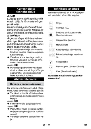 – 11 
 Oht 
Lülitage enne kõiki hooldustöid 
masin välja ja tõmmake võrgu-pistik 
välja. 
Remonditöid ja töid elektriliste 
komponentide juures tohib teha 
ainult volitatud hooldustöökoda. 
 Hoiatus 
Ärge kasutage küürimisvahen-deid 
ega klaasi- või universaal-puhastusvahendeid! 
Ärge sukel-dage 
seadet kunagi vette. 
 Puhastage seadet ja plastmassist 
tarvikuid tavalise plastmassipuhas-tusvahendiga. 
 Vajaduse korral loputage paaki ja 
tarvikuid veega ja kuivatage enne 
uuesti kasutuselevõtmist. 
Joonis 
 Puhastage padrunfiltrit vajadusel 
ainult voolava vee all, ärge hõõruge 
ega harjake. Enne paigaldamist 
laske korralikult kuivada. 
Kui seadme imivõimsus muutub nõrge-maks, 
tuleb kontrollida järgmisi punkte. 
 Tarvikud, imivoolik või imitorud on 
ummistunud, eemaldage ummistus 
kepiga. 
Joonis 
 Filtrikott on täis, paigaldage uus. 
Joonis 
 Padrunfilter must, kloppige puhtak-se 
ja puhastage vajadusel voolava 
vee all. 
 Vahetage defektne padrunifilter väl-ja. 
Tehnilised andmed on lk IV. Alljärgne-valt 
kasutatud sümbolite selgitus. 
Tehniliste muudatuste õigused re-serveeritud! 
Korrashoid ja 
tehnohooldus 
Abi häirete korral 
Kahanev imemisvõimsus 
Tehnilised andmed 
Pinge 
Võimsus Pnimi 
Seadme pistikupesa maks. 
ühendusvõimsus 
Võrgukaitse (inertne) 
Mahuti maht 
Käepidemega veevõtmine 
Põrandaotsakuga veevõtmi-ne 
Võrgukaabel 
Helirõhupeel (EN 60704-2-1) 
Kaal (ilma tarvikuteta) 
ET 181 
 