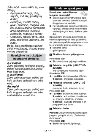 – 7 
Jokiu būdu nesiurbkite šių me-džiagų: 
– Sprogių arba degių dujų, 
skysčių ir dulkių (reaktyvių 
dulkių) 
– Reaktyvių metalo dulkių 
(pvz., aliuminio, magnio, cin-ko) 
kartu su stipriai šarminiais 
arba rūgštiniais valikliais 
– Neskiestų rūgščių ir šarmų 
– Organinių tirpiklių (pvz., ben-zino, 
skiediklio, acetono, ma-zuto). 
Be to, šios medžiagos gali pa-žeisti 
medžiagas, iš kurių paga-mintas 
prietaisas. 
 Pavojus 
Žymi gresiantį tiesioginį pavojų, 
galintį sukelti sunkius sužaloji-mus 
arba mirtį. 
 Įspėjimas 
Žymi galimą pavojų, galintį su-kelti 
sunkius sužalojimus arba 
mirtį. 
Atsargiai 
Žymi galimą pavojų, galintį su-kelti 
lengvus sužalojimus arba 
materialinius nuostolius. 
Paveikslus rasite išlanks-tomame 
puslapyje! 
 Šioje naudojimo instrukcijoje apra-šomi 
ant priekinio viršelio nurodyti 
daugiafunkciai siurbliai. 
 Paveikslėliuose parodyta maksima-li 
įranga, priklausomai nuo modelio 
skiriasi įranga ir kartu tiekiami prie-dai. 
Išpakuodami prietaisą patikrinkite, ar 
netrūksta priedų ir ar nėra pažeidimų. 
Jei prietaisas pažeistas gabenimo me-tu, 
praneškite apie tai pardavėjui. 
tiekiama kartu 
galimi priedai 
Paveikslas 
 Siurbimo žarnai prijungti siurbiant. 
Paveikslas 
 I padėtis: siurbimas arba pūtimas. 
0 padėtis: prietaisas išjungtas. 
Paveikslas 
 I padėtis: siurbimas arba pūtimas. 
II padėtis: automatinis išsiurbimas 
su prijungtu elektriniu prietaisu 
0 padėtis: Išjunkite prietaisą ir pri-jungtą 
elektros įrankį. 
Pastaba: Atsižvelkite į maksimalią pri-jungimo 
galią (žr. skyrių „Techniniai 
duomenys“). 
Paveikslas 
 Elektriniam įrankiui prijungti. 
Naudojimo instrukcijoje 
naudojami simboliai 
Prietaiso aprašymas 
Siurbimo žarnos prijungimas 
Prietaiso jungiklis (ĮJUNGTI/IŠ- 
JUNGTI) 
(be sumontuoto kištukinio lizdo) 
Prietaiso jungiklis (ĮJUNGTI/IŠ- 
JUNGTI) 
(su sumontuotu kištukiniu lizdu) 
Prietaiso lizdas 
LT 191 
 