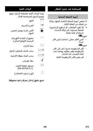 المساعدة عند حدوث أعطال 
أنبوبة الشفط المتدلية 
لا تخفض أنبوبة الشفط الخاصة بالجهاز، وتأكد 
من فضلك من النقاط التالية. 
ألا تكون الملحقات، أو خرطوم أو ماسورة  
الشفط مسدودة، قم بإزالة الانسداد 
باستخدام عصا رفيعة. 
صورة 
كيس الفلتر ممتلئ، استخدم كيس فلتر  
جديداً. 
صورة 
فلتر الخرطوشة متسخ، انقر على فلتر  
الخرطوشة وقم بتنظيفه بوضعه تحت 
الماء المنساب عند الحاجة. 
قم بتغيير فلاتر الخرطوشة التالفة.  
البيانات الفنية 
توجد البيانات الفنية بالصفحة الرابعة، ويليها 
توضيح الرموز المستخدمة هناك. 
الجهد 
القدرة الاسمية 
أقصى قدرة توصيل لمقبس 
الجهاز 
منصهرات التغذية الكهربائية 
الرئيسية )الوضع الساكن( 
سعة الخزان 
سحب المياه بالمقبض اليدوي 
سحب المياه بفوهة الأرضية. 
سلك كهربائي 
مستوى ضغط الصوت 
)EN 60704-2-1( 
الوزن )بدون الملحقات( 
جميع حقوق إدخال تعديلات فنية محفوظة! 
AR 213 
 