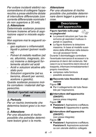 – 7 
Per evitare incidenti elettrici rac-comandiamo 
di collegare l'appa-recchio 
a prese elettriche dotate 
di interruttore differenziale (con 
corrente differenziale nominale I 
dn non superiore a 30 mA). 
 Attenzione 
Determinate sostanze possono 
formare Insieme all’aria di aspi-razione 
vapori e miscele esplo-sivi 
Non aspirare mai le seguenti so-stanze: 
– gas esplosivi o infiammabili, 
liquidi e polveri (polveri reatti-ve) 
– Polveri di metallo reattive (ad 
es. alluminio, magnesio, zin-co) 
insieme a detergenti for-temente 
alcalini ed acidi 
– Acidi e soluzioni alcaline allo 
stato puro 
– Soluzioni organiche (ad es. 
benzina, diluenti per vernici, 
acetone o gasolio). 
Queste sostanze possono inol-tre 
corrodere i materiali dell’ap-parecchio. 
 Pericolo 
Per un rischio imminente che 
determina lesioni gravi o la mor-te. 
 Attenzione 
Per una situazione di rischio 
possibile che potrebbe determi-nare 
lesioni gravi o la morte. 
Attenzione 
Per una situazione di rischio 
possibile che potrebbe determi-nare 
danni leggeri a persone o 
cose. 
Figure riportate sulla pagi-na 
pieghevole! 
 Le presenti istruzioni per l'uso de-scrivono 
gli aspiratori multiuso ri-portati 
in copertina. 
 Le figure illustrano la dotazione 
massima. In base al modello sussi-stono 
delle differenze nella dotazio-ne 
e gli accessori forniti. 
Durante il disimballaggio controllare 
l'eventuale mancanza di accessori o la 
presenza di danni del contenuto. Nel 
caso in cui si riscontrino danni dovuti al 
trasporto, informare immediatamente il 
proprio rivenditore. 
compreso nella fornitura 
possibile accessorio 
Figura 
 Per il collegamento del tubo flessi-bile 
per l'aspirazione. 
Figura 
 Posizione I: Aspirazione o soffiatura. 
Posizione 0: l'apparecchio è spento. 
Figura 
 Posizione I: Aspirazione o soffiatura. 
Posizione II: Aspirazione automati-ca 
con utensile elettrico collegato 
Simboli riportati nel manuale 
d'uso 
Descrizione 
dell’apparecchio 
Raccordo tubo flessibile di aspi-razione 
Interruttore dell'apparecchio 
(ON/OFF) 
(senza presa integrata) 
Interruttore dell'apparecchio 
(ON/OFF) 
(con presa integrata) 
IT 29 
 