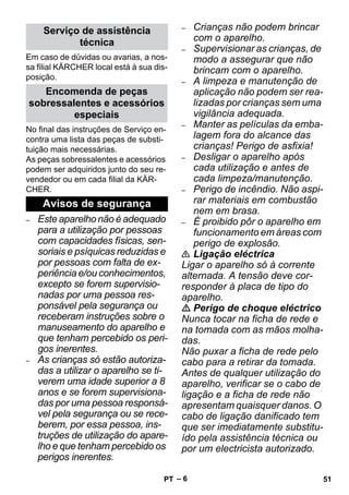 – 6 
Em caso de dúvidas ou avarias, a nos-sa 
filial KÄRCHER local está à sua dis-posição. 
No final das instruções de Serviço en-contra 
uma lista das peças de substi-tuição 
mais necessárias. 
As peças sobressalentes e acessórios 
podem ser adquiridos junto do seu re-vendedor 
ou em cada filial da KÄR-CHER. 
– Este aparelho não é adequado 
para a utilização por pessoas 
com capacidades físicas, sen-soriais 
e psíquicas reduzidas e 
por pessoas com falta de ex-periência 
e/ou conhecimentos, 
excepto se forem supervisio-nadas 
por uma pessoa res-ponsável 
pela segurança ou 
receberam instruções sobre o 
manuseamento do aparelho e 
que tenham percebido os peri-gos 
inerentes. 
– As crianças só estão autoriza-das 
a utilizar o aparelho se ti-verem 
uma idade superior a 8 
anos e se forem supervisiona-das 
por uma pessoa responsá-vel 
pela segurança ou se rece-berem, 
por essa pessoa, ins-truções 
de utilização do apare-lho 
e que tenham percebido os 
perigos inerentes. 
– Crianças não podem brincar 
com o aparelho. 
– Supervisionar as crianças, de 
modo a assegurar que não 
brincam com o aparelho. 
– A limpeza e manutenção de 
aplicação não podem ser rea-lizadas 
por crianças sem uma 
vigilância adequada. 
– Manter as películas da emba-lagem 
fora do alcance das 
crianças! Perigo de asfixia! 
– Desligar o aparelho após 
cada utilização e antes de 
cada limpeza/manutenção. 
– Perigo de incêndio. Não aspi-rar 
materiais em combustão 
nem em brasa. 
– É proibido pôr o aparelho em 
funcionamento em áreas com 
perigo de explosão. 
 Ligação eléctrica 
Ligar o aparelho só à corrente 
alternada. A tensão deve cor-responder 
à placa de tipo do 
aparelho. 
 Perigo de choque eléctrico 
Nunca tocar na ficha de rede e 
na tomada com as mãos molha-das. 
Não puxar a ficha de rede pelo 
cabo para a retirar da tomada. 
Antes de qualquer utilização do 
aparelho, verificar se o cabo de 
ligação e a ficha de rede não 
apresentam quaisquer danos. O 
cabo de ligação danificado tem 
que ser imediatamente substitu-ído 
pela assistência técnica ou 
por um electricista autorizado. 
Serviço de assistência 
técnica 
Encomenda de peças 
sobressalentes e acessórios 
especiais 
Avisos de segurança 
PT 51 
 