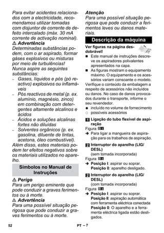 – 7 
Para evitar acidentes relaciona-dos 
com a electricidade, reco-mendamos 
utilizar tomadas 
com disjuntor de corrente de de-feito 
intercalado (máx. 30 mA 
corrente de activação nominal). 
 Advertência 
Determinadas substâncias po-dem, 
com o ar aspirado, formar 
gáses explosivos ou misturas 
por meio de turbulências! 
Nunca aspire as seguintes 
substâncias: 
– Gases, líquidos e pós (pó re-activo) 
explosivos ou inflamá-veis 
– Pós reactivos de metal (p. ex. 
alumínio, magnésio, zinco) 
em combinação com deter-gentes 
altamente alcalinos e 
ácidos 
– Ácidos e soluções alcalinas 
fortes não diluídas 
– Solventes orgânicos (p. ex. 
gasolina, diluente de tintas, 
acetona, óleo combustível). 
Além disso, estes materiais po-dem 
ter efeitos negativos sobre 
os materiais utilizados no apare-lho. 
 Perigo 
Para um perigo eminente que 
pode conduzir a graves ferimen-tos 
ou à morte. 
 Advertência 
Para uma possível situação pe-rigosa 
que pode conduzir a gra-ves 
ferimentos ou à morte. 
Atenção 
Para uma possível situação pe-rigosa 
que pode conduzir a feri-mentos 
leves ou danos mate-riais. 
Ver figuras na página des-dobrável! 
 Este manual de instruções descre-ve 
os aspiradores polivalentes 
apresentados na capa. 
 As figuras mostram o equipamento 
máximo. O equipamento e os aces-sórios 
variam consoante o modelo. 
Verifique o conteúdo da embalagem a 
respeito de acessórios não incluídos 
ou danos. No caso de danos provoca-dos 
durante o transporte, informe o 
seu revendedor. 
incluído no volume de fornecimento 
possíveis acessórios 
Figura 
 Para ligar a mangueira de aspira-ção 
para os trabalhos de aspiração. 
Figura 
 Posição I: aspirar ou soprar. 
Posição 0: aparelho desligado. 
Figura 
 Posição I: aspirar ou soprar. 
Posição II: aspiração automática 
com ferramenta eléctrica conectada 
Posição 0: O aparelho e a ferra-menta 
eléctrica ligada estão desli-gados. 
Símbolos no Manual de 
Instruções 
Descrição da máquina 
Ligação do tubo flexível de aspi-ração 
Interruptor do aparelho (LIG/ 
DESL) 
(sem tomada incorporada) 
Interruptor do aparelho (LIG/ 
DESL) 
(com tomada incorporada) 
52 PT 
 