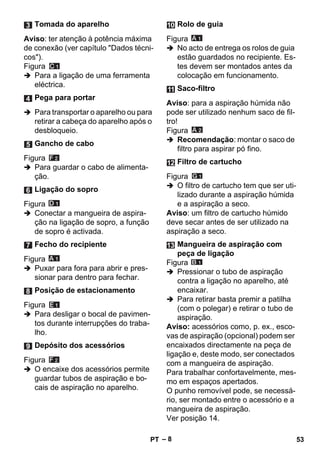 – 8 
Aviso: ter atenção à potência máxima 
de conexão (ver capítulo Dados técni-cos). 
Figura 
 Para a ligação de uma ferramenta 
eléctrica. 
 Para transportar o aparelho ou para 
retirar a cabeça do aparelho após o 
desbloqueio. 
Figura 
 Para guardar o cabo de alimenta-ção. 
Figura 
 Conectar a mangueira de aspira-ção 
na ligação de sopro, a função 
de sopro é activada. 
Figura 
 Puxar para fora para abrir e pres-sionar 
para dentro para fechar. 
Figura 
 Para desligar o bocal de pavimen-tos 
durante interrupções do traba-lho. 
Figura 
 O encaixe dos acessórios permite 
guardar tubos de aspiração e bo-cais 
de aspiração no aparelho. 
Figura 
 No acto de entrega os rolos de guia 
estão guardados no recipiente. Es-tes 
devem ser montados antes da 
colocação em funcionamento. 
Aviso: para a aspiração húmida não 
pode ser utilizado nenhum saco de fil-tro! 
Figura 
 Recomendação: montar o saco de 
filtro para aspirar pó fino. 
Figura 
 O filtro de cartucho tem que ser uti-lizado 
durante a aspiração húmida 
e a aspiração a seco. 
Aviso: um filtro de cartucho húmido 
deve secar antes de ser utilizado na 
aspiração a seco. 
Figura 
 Pressionar o tubo de aspiração 
contra a ligação no aparelho, até 
encaixar. 
 Para retirar basta premir a patilha 
(com o polegar) e retirar o tubo de 
aspiração. 
Aviso: acessórios como, p. ex., esco-vas 
de aspiração (opcional) podem ser 
encaixados directamente na peça de 
ligação e, deste modo, ser conectados 
com a mangueira de aspiração. 
Para trabalhar confortavelmente, mes-mo 
em espaços apertados. 
O punho removível pode, se necessá-rio, 
ser montado entre o acessório e a 
mangueira de aspiração. 
Ver posição 14. 
Tomada do aparelho 
Pega para portar 
Gancho de cabo 
Ligação do sopro 
Fecho do recipiente 
Posição de estacionamento 
Depósito dos acessórios 
Rolo de guia 
Saco-filtro 
Filtro de cartucho 
Mangueira de aspiração com 
peça de ligação 
PT 53 
 