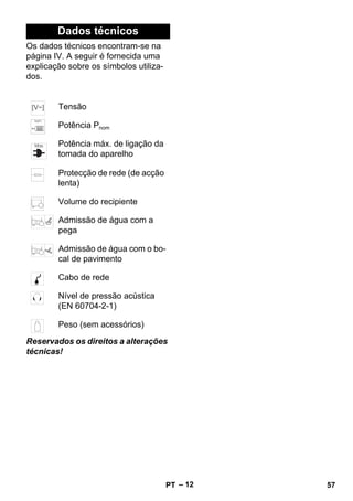 – 12 
Dados técnicos 
Os dados técnicos encontram-se na 
página IV. A seguir é fornecida uma 
explicação sobre os símbolos utiliza-dos. 
Tensão 
Potência Pnom 
Potência máx. de ligação da 
tomada do aparelho 
Protecção de rede (de acção 
lenta) 
Volume do recipiente 
Admissão de água com a 
pega 
Admissão de água com o bo-cal 
de pavimento 
Cabo de rede 
Nível de pressão acústica 
(EN 60704-2-1) 
Peso (sem acessórios) 
Reservados os direitos a alterações 
técnicas! 
PT 57 
 