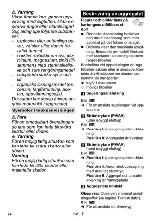 – 7 
 Varning 
Vissa ämnen kan, genom upp-virvling 
med sugluften, bilda ex-plosiva 
ångor eller blandningar! 
Sug aldrig upp följande substan-ser: 
– explosiva eller antändliga ga-ser, 
vätskor eller damm (re-aktivt 
damm) 
– reaktivt metalldamm (ex. alu-minium, 
magnesium, zink) till-sammans 
med starkt alkalis-ka 
och sura rengöringsmedel 
– outspädda starka syror och 
lut 
– organiska lösningsmedel (ex. 
bensin, färgförtunning, ace-ton, 
uppvärmningsolja). 
Dessutom kan dessa ämnen an-gripa 
materialet i aggregatet. 
 Fara 
För en omedelbart överhängan-de 
fara som kan leda till svåra 
skador eller döden. 
 Varning 
För en möjlig farlig situation som 
kan leda till svåra skador eller 
döden. 
Varning 
För en möjlig farlig situation som 
kan leda till lätta skador eller 
materiella skador. 
Figurer och bilder finns på 
kartongens utfällbara si-dor! 
 Denna bruksanvisning beskriver 
den multifunktionssug som finns 
avbildad på det främre omslaget. 
 Bilderna visar den maximala utrust-ning. 
Beroende av modell förekom-mer 
skillnader i utrustning och leve-rerade 
tillbehör. 
Kontrollera vid uppackningen att inga 
tillbehör saknas eller är skadade. Kon-takta 
återförsäljaren om skador upp-kommit 
vid transporten. 
ingår i leveransen 
möjliga tillbehör 
Bild 
 För att ansluta sugslangen vid upp-sugning. 
Bild 
 Position I: Uppsugning eller utblås-ning. 
Position 0: Aggregatet är avstängt. 
Bild 
 Position I: Uppsugning eller utblås-ning. 
Position II: Automatisk uppsugning 
med anslutet elverktyg. 
Position 0: Aggregat och anslutet 
elverktyg är frånkopplade 
Observera: Observera maximal anslut-ningseffekt 
(se kapitel Teknisk data“). 
Bild 
 För att ansluta ett elverktyg- 
Symboler i bruksanvisningen 
Beskrivning av aggregatet 
Sugslangsanslutning 
Strömbrytare (PÅ/AV) 
(utan inbyggt eluttag) 
Strömbrytare (PÅ/AV) 
(med inbyggt eluttag) 
Aggregatets kontakt 
74 SV 
 