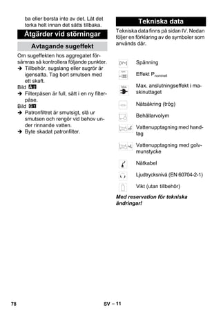 – 11 
ba eller borsta inte av det. Låt det 
torka helt innan det sätts tillbaka. 
Om sugeffekten hos aggregatet för-sämras 
så kontrollera följande punkter. 
 Tillbehör, sugslang eller sugrör är 
igensatta. Tag bort smutsen med 
ett skaft. 
Bild 
 Filterpåsen är full, sätt i en ny filter-påse. 
Bild 
 Patronfiltret är smutsigt, slå ur 
smutsen och rengör vid behov un-der 
rinnande vatten. 
 Byte skadat patronfilter. 
Tekniska data finns på sidan IV. Nedan 
följer en förklaring av de symboler som 
används där. 
Med reservation för tekniska 
ändringar! 
Åtgärder vid störningar 
Avtagande sugeffekt 
Tekniska data 
Spänning 
Effekt Pnominell 
Max. anslutningseffekt i ma-skinuttaget 
Nätsäkring (trög) 
Behållarvolym 
Vattenupptagning med hand-tag 
Vattenupptagning med golv-munstycke 
Nätkabel 
Ljudtrycksnivå (EN 60704-2-1) 
Vikt (utan tillbehör) 
78 SV 
 