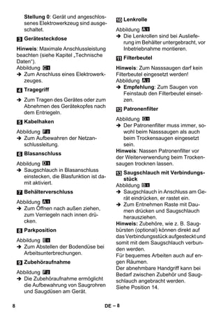 – 8 
Stellung 0: Gerät und angeschlos-senes 
Elektrowerkzeug sind ausge-schaltet. 
Hinweis: Maximale Anschlussleistung 
beachten (siehe Kapitel „Technische 
Daten“). 
Abbildung 
 Zum Anschluss eines Elektrowerk-zeuges. 
 Zum Tragen des Gerätes oder zum 
Abnehmen des Gerätekopfes nach 
dem Entriegeln. 
Abbildung 
 Zum Aufbewahren der Netzan-schlussleitung. 
Abbildung 
 Saugschlauch in Blasanschluss 
einstecken, die Blasfunktion ist da-mit 
aktiviert. 
Abbildung 
 Zum Öffnen nach außen ziehen, 
zum Verriegeln nach innen drü-cken. 
Abbildung 
 Zum Abstellen der Bodendüse bei 
Arbeitsunterbrechungen. 
Abbildung 
 Die Zubehöraufnahme ermöglicht 
die Aufbewahrung von Saugrohren 
und Saugdüsen am Gerät. 
Abbildung 
 Die Lenkrollen sind bei Ausliefe-rung 
im Behälter untergebracht, vor 
Inbetriebnahme montieren. 
Hinweis: Zum Nasssaugen darf kein 
Filterbeutel eingesetzt werden! 
Abbildung 
 Empfehlung: Zum Saugen von 
Feinstaub den Filterbeutel einset-zen. 
Abbildung 
 Der Patronenfilter muss immer, so-wohl 
beim Nasssaugen als auch 
beim Trockensaugen eingesetzt 
sein. 
Hinweis: Nassen Patronenfilter vor 
der Weiterverwendung beim Trocken-saugen 
trocknen lassen. 
Abbildung 
 Saugschlauch in Anschluss am Ge-rät 
eindrücken, er rastet ein. 
 Zum Entnehmen Raste mit Dau-men 
drücken und Saugschlauch 
herausziehen. 
Hinweis: Zubehöre, wie z. B. Saug-bürsten 
(optional) können direkt auf 
das Verbindungsstück aufgesteckt und 
somit mit dem Saugschlauch verbun-den 
werden. 
Für bequemes Arbeiten auch auf en-gen 
Räumen. 
Der abnehmbare Handgriff kann bei 
Bedarf zwischen Zubehör und Saug-schlauch 
angebracht werden. 
Siehe Position 14. 
Gerätesteckdose 
Tragegriff 
Kabelhaken 
Blasanschluss 
Behälterverschluss 
Parkposition 
Zubehöraufnahme 
Lenkrolle 
Filterbeutel 
Patronenfilter 
Saugschlauch mit Verbindungs-stück 
8 DE 
 