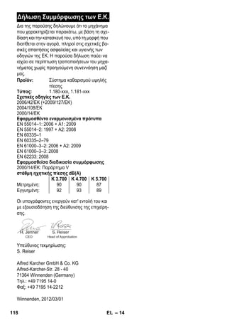 – 14 
Δήλωση Συμμόρφωσης των Ε.Κ. 
Δια της παρούσης δηλώνουμε ότι το μηχάνημα 
που χαρακτηρίζεται παρακάτω, με βάση τη σχε- 
δίαση και την κατασκευή του, υπό τη μορφή που 
διατίθεται στην αγορά, πληροί στις σχετικές βα- 
σικές απαιτήσεις ασφαλείας και υγιεινής των 
οδηγιών της ΕΚ. Η παρούσα δήλωση παύει να 
ισχύει σε περίπτωση τροποποιήσεων του μηχα- 
νήματος χωρίς προηγούμενη συνεννόηση μαζί 
μας. 
Προϊόν: Σύστημα καθαρισμού υψηλής 
πίεσης 
Τύπος: 1.180-xxx, 1.181-xxx 
Σχετικές οδηγίες των Ε.Κ. 
2006/42/EK (+2009/127/EK) 
2004/108/EΚ 
2000/14/EΚ 
Εφαρμοσθέντα εναρμονισμένα πρότυπα 
EN 55014–1: 2006 + A1: 2009 
EN 55014–2: 1997 + A2: 2008 
EN 60335–1 
EN 60335–2–79 
EN 61000–3–2: 2006 + A2: 2009 
EN 61000–3–3: 2008 
EN 62233: 2008 
Εφαρμοσθείσα διαδικασία συμμόρφωσης 
2000/14/EΚ: Παράρτημα V 
στάθμη ηχητικής πίεσης dB(A) 
K 3.700 K 4.700 K 5.700 
Μετρημένη: 90 90 87 
Εγγυημένη: 92 93 89 
Οι υπογράφοντες ενεργούν κατ' εντολή του και 
με εξουσιοδότηση της διεύθυνσης της επιχείρη- 
σης. 
CEO Head of Approbation 
Υπεύθυνος τεκμηρίωσης: 
S. Reiser 
Alfred Karcher GmbH  Co. KG 
Alfred-Karcher-Str. 28 - 40 
71364 Winnenden (Germany) 
Τηλ.: +49 7195 14-0 
Φαξ: +49 7195 14-2212 
Winnenden, 2012/03/01 
118 EL 
 