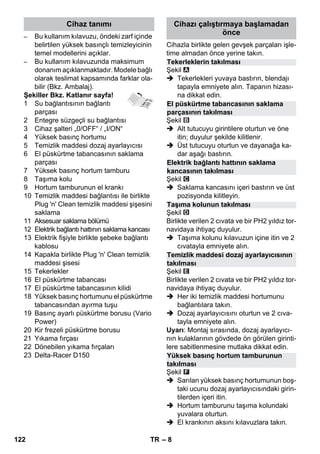 Cihaz tanımı Cihazı çalıştırmaya başlamadan 
Tekerleklerin takılması 
El püskürtme tabancasının saklama 
parçasının takılması 
Elektrik bağlantı hattının saklama 
kancasının takılması 
Taşıma kolunun takılması 
Temizlik maddesi dozaj ayarlayıcısının 
takılması 
Yüksek basınç hortum tamburunun 
takılması 
– 8 
– Bu kullanım kılavuzu, öndeki zarf içinde 
belirtilen yüksek basınçlı temizleyicinin 
temel modellerini açıklar. 
– Bu kullanım kılavuzunda maksimum 
donanım açıklanmaktadır. Modele bağlı 
olarak teslimat kapsamında farklar ola-bilir 
(Bkz. Ambalaj). 
Şekiller Bkz. Katlanır sayfa! 
1 Su bağlantısının bağlantı 
parçası 
2 Entegre süzgeçli su bağlantısı 
3 Cihaz şalteri „0/OFF“ / „I/ON“ 
4 Yüksek basınç hortumu 
5 Temizlik maddesi dozaj ayarlayıcısı 
6 El püskürtme tabancasının saklama 
parçası 
7 Yüksek basınç hortum tamburu 
8 Taşıma kolu 
9 Hortum tamburunun el krankı 
10 Temizlik maddesi bağlantısı ile birlikte 
Plug 'n' Clean temizlik maddesi şişesini 
saklama 
11 Aksesuar saklama bölümü 
12 Elektrik bağlantı hattının saklama kancası 
13 Elektrik fişiyle birlikte şebeke bağlantı 
kablosu 
14 Kapakla birlikte Plug 'n' Clean temizlik 
maddesi şisesi 
15 Tekerlekler 
16 El püskürtme tabancası 
17 El püskürtme tabancasının kilidi 
18 Yüksek basınç hortumunu el püskürtme 
tabancasından ayırma tuşu 
19 Basınç ayarlı püskürtme borusu (Vario 
Power) 
20 Kir frezeli püskürtme borusu 
21 Yıkama fırçası 
22 Dönebilen yıkama fırçaları 
23 Delta-Racer D150 
önce 
Cihazla birlikte gelen gevşek parçaları işle-time 
almadan önce yerine takın. 
Şekil 
 Tekerlekleri yuvaya bastırın, blendajı 
tapayla emniyete alın. Tapanın hizası-na 
dikkat edin. 
Şekil 
 Alt tutucuyu girintilere oturtun ve öne 
itin; duyulur şekilde kilitlenir. 
 Üst tutucuyu oturtun ve dayanağa ka-dar 
aşağı bastırın. 
Şekil 
 Saklama kancasını içeri bastırın ve üst 
pozisyonda kilitleyin. 
Şekil 
Birlikte verilen 2 cıvata ve bir PH2 yıldız tor-navidaya 
ihtiyaç duyulur. 
 Taşıma kolunu kılavuzun içine itin ve 2 
cıvatayla emniyete alın. 
Şekil 
Birlikte verilen 2 cıvata ve bir PH2 yıldız tor-navidaya 
ihtiyaç duyulur. 
 Her iki temizlik maddesi hortumunu 
bağlantılara takın. 
 Dozaj ayarlayıcısını oturtun ve 2 cıva-tayla 
emniyete alın. 
Uyarı: Montaj sırasında, dozaj ayarlayıcı-nın 
kulaklarının gövdede ön görülen girinti-lere 
sabitlenmesine mutlaka dikkat edin. 
Şekil 
 Sarılan yüksek basınç hortumunun boş-taki 
ucunu dozaj ayarlayıcısındaki girin-tilerden 
içeri itin. 
 Hortum tamburunu taşıma kolundaki 
yuvalara oturtun. 
 El krankının aksını kılavuzlara takın. 
122 TR 
 