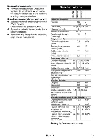 – 13 
 Niewielka nieszczelność urządzenia 
wynika z jej konstrukcji. W przypadku 
większej nieszczelności zlecić naprawę 
w autoryzowanym serwisie. 
 Zastosować lancę z regulacją ciśnienia 
(Vario Power). 
Obrócić lancę do położenia „Mix“. 
 Sprawdzić ustawienie dozownika środ-ka 
czyszczącego. 
 Sprawdzić wąż ssący środka czyszczą-cego 
czy nie ma załamań. 
Zmiany techniczne zastrzeżone! 
Nieszczelne urządzenie 
Środek czyszczący nie jest zasysany 
Dane techniczne 
K 3.700 
K 4.700 
K 5.700 
Podłączenie do sieci 
Napięcie 230 
1~50 
V 
Hz 
Pobór mocy 1,8 1,9 2,1 kW 
Klasa ochronności I 
Stopień zabezpieczenia IP X5 
Bezpiecznik sieciowy 
10 A 
(zwłoczny) 
Przyłącze wody 
Ciśnienie dopływowe 
(maks.) 
0,8 MPa 
Temperatura doprowa-dzenia 
(maks.) 
40 °C 
Ilość doprowadzenia 
(min.) 
10 l/min 
Maks. wysokość ssania 0,5 m 
Parametry robocze 
Ciśnienie robocze 11 12 12,5 MPa 
Maks. dopuszczalne ciś-nienie 
12 13 14 MPa 
Ilość pobieranej wody 6,3 6,7 7,5 l/min 
Ilość pobieranego środka 
czyszczącego 
0 - 0,3 l/min 
Siła odrzutu pistoletu na-tryskowego 
15 N 
Wymiary i ciężar 
Długość 876 mm 
Szerokość 325 mm 
Wysokość 285 mm 
Ciężar, urządzenie goto-we 
do pracy wraz z akce-soriami 
14,1 14,6 15,3 kg 
Wartości określone zgodnie z EN 60335-2-79 
Drgania przenoszone przez 
 2,5 
kończyny górne 
Niepewność pomiaru K 
0,3 
m/s2 
m/s2 
Poziom ciśnienie aku-stycznego 
LpA 
Niepewność pomiaru KpA 
76 
3 
76 
2 
73 
2 
dB(A) 
dB(A) 
Poziom mocy akustycz-nej 
LWA + Niepewność 
pomiaru KWA 
92 93 89 dB(A) 
PL 173 
 