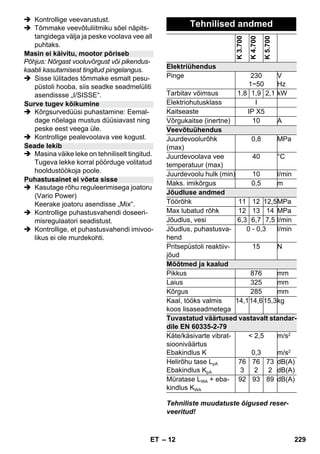 – 12 
 Kontrollige veevarustust. 
 Tõmmake veevõtuliitmiku sõel näpits-tangidega 
välja ja peske voolava vee all 
puhtaks. 
Põhjus: Nõrgast vooluvõrgust või pikendus-kaabli 
kasutamisest tingitud pingelangus. 
 Sisse lülitades tõmmake esmalt pesu-püstoli 
hooba, siis seadke seadmelüliti 
asendissse „I/SISSE“. 
 Kõrgsurvedüüsi puhastamine: Eemal-dage 
nõelaga mustus düüsiavast ning 
peske eest veega üle. 
 Kontrollige pealevoolava vee kogust. 
 Masina väike leke on tehniliselt tingitud. 
Tugeva lekke korral pöörduge volitatud 
hooldustöökoja poole. 
 Kasutage rõhu reguleerimisega joatoru 
(Vario Power) 
Keerake joatoru asendisse „Mix“. 
 Kontrollige puhastusvahendi doseeri-misregulaatori 
seadistust. 
 Kontrollige, et puhastusvahendi imivoo-likus 
ei ole murdekohti. 
Tehniliste muudatuste õigused reser-veeritud! 
Masin ei käivitu, mootor põriseb 
Surve tugev kõikumine 
Seade lekib 
Puhastusainet ei võeta sisse 
Tehnilised andmed 
K 3.700 
K 4.700 
K 5.700 
Elektriühendus 
Pinge 230 
1~50 
V 
Hz 
Tarbitav võimsus 1,8 1,9 2,1 kW 
Elektriohutusklass I 
Kaitseaste IP X5 
Võrgukaitse (inertne) 10 A 
Veevõtuühendus 
Juurdevoolurõhk 
(max) 
0,8 MPa 
Juurdevoolava vee 
temperatuur (max) 
40 °C 
Juurdevoolu hulk (min) 10 l/min 
Maks. imikõrgus 0,5 m 
Jõudluse andmed 
Töörõhk 11 12 12,5MPa 
Max lubatud rõhk 12 13 14 MPa 
Jõudlus, vesi 6,3 6,7 7,5 l/min 
Jõudlus, puhastusva-hend 
0 - 0,3 l/min 
Pritsepüstoli reaktiiv-jõud 
15 N 
Mõõtmed ja kaalud 
Pikkus 876 mm 
Laius 325 mm 
Kõrgus 285 mm 
Kaal, tööks valmis 
14,114,615,3kg 
koos lisaseadmetega 
Tuvastatud väärtused vastavalt standar-dile 
EN 60335-2-79 
Käte/käsivarte vibrat-siooniväärtus 
Ebakindlus K 
 2,5 
0,3 
m/s2 
m/s2 
Helirõhu tase LpA 
Ebakindlus KpA 
76 
3 
76 
2 
73 
2 
dB(A) 
dB(A) 
Müratase LWA + eba-kindlus 
KWA 
92 93 89 dB(A) 
ET 229 
 