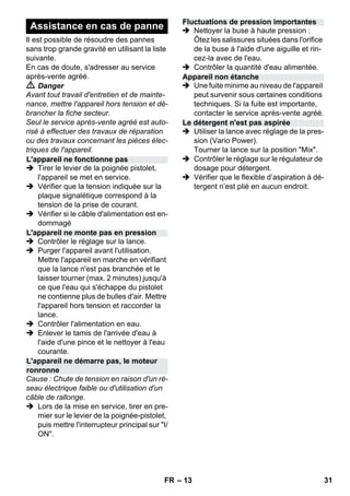 – 13 
Il est possible de résoudre des pannes 
sans trop grande gravité en utilisant la liste 
suivante. 
En cas de doute, s'adresser au service 
après-vente agréé. 
 Danger 
Avant tout travail d'entretien et de mainte-nance, 
mettre l'appareil hors tension et dé-brancher 
la fiche secteur. 
Seul le service après-vente agréé est auto-risé 
à effectuer des travaux de réparation 
ou des travaux concernant les pièces élec-triques 
de l'appareil. 
 Tirer le levier de la poignée pistolet, 
l'appareil se met en service. 
 Vérifier que la tension indiquée sur la 
plaque signalétique correspond à la 
tension de la prise de courant. 
 Vérifier si le câble d'alimentation est en-dommagé 
 Contrôler le réglage sur la lance. 
 Purger l'appareil avant l'utilisation. 
Mettre l'appareil en marche en vérifiant 
que la lance n'est pas branchée et le 
laisser tourner (max. 2 minutes) jusqu'à 
ce que l'eau qui s'échappe du pistolet 
ne contienne plus de bulles d'air. Mettre 
l'appareil hors tension et raccorder la 
lance. 
 Contrôler l'alimentation en eau. 
 Enlever le tamis de l'arrivée d'eau à 
l'aide d'une pince et le nettoyer à l'eau 
courante. 
Cause : Chute de tension en raison d'un ré-seau 
électrique faible ou d'utilisation d'un 
câble de rallonge. 
 Lors de la mise en service, tirer en pre-mier 
sur le levier de la poignée-pistolet, 
puis mettre l'interrupteur principal sur I/ 
ON. 
 Nettoyer la buse à haute pression : 
Ôtez les salissures situées dans l'orifice 
de la buse à l'aide d'une aiguille et rin-cez- 
la avec de l'eau. 
 Contrôler la quantité d'eau alimentée. 
 Une fuite minime au niveau de l'appareil 
peut survenir sous certaines conditions 
techniques. Si la fuite est importante, 
contacter le service après-vente agréé. 
 Utiliser la lance avec réglage de la pres-sion 
(Vario Power). 
Tourner la lance sur la position Mix. 
 Contrôler le réglage sur le régulateur de 
dosage pour détergent. 
 Vérifier que le flexible d’aspiration à dé-tergent 
n’est plié en aucun endroit. 
Assistance en cas de panne 
L'appareil ne fonctionne pas 
L'appareil ne monte pas en pression 
L'appareil ne démarre pas, le moteur 
ronronne 
Fluctuations de pression importantes 
Appareil non étanche 
Le détergent n'est pas aspirée 
FR 31 
 